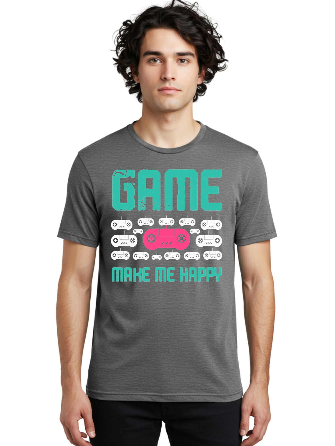 Game-Make-Me-Happy Men'S Graphic Tee, 100% Cotton, Comfortable Casual Summer Wear, Machine Washable, Gaming Controller, Gamepad, Video Games, Gaming Accessories, Positive Vibes, Happiness, Gaming, Make Me Happy - Aaa631