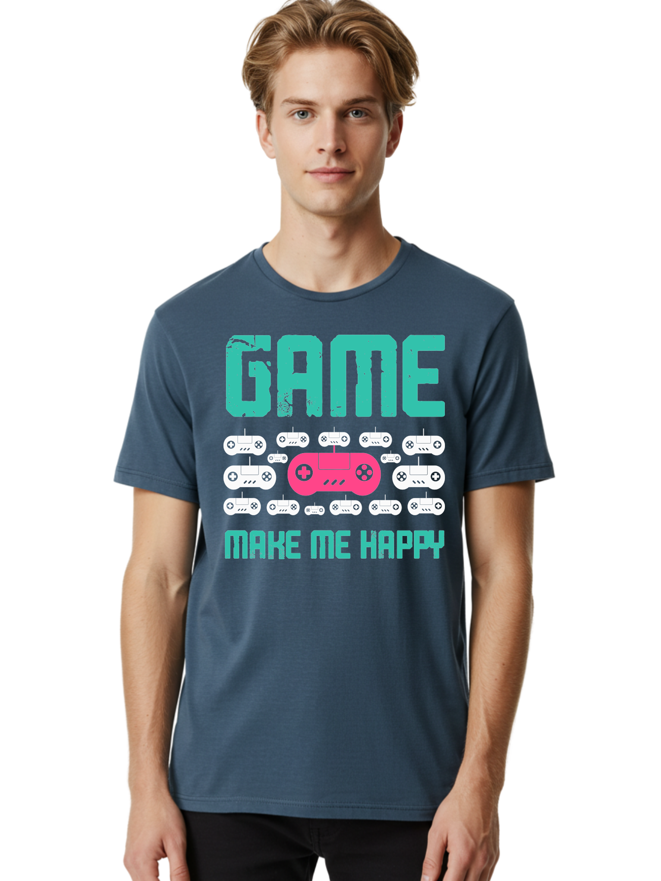 Game-Make-Me-Happy Men'S Graphic Tee, 100% Cotton, Comfortable Casual Summer Wear, Machine Washable, Gaming Controller, Gamepad, Video Games, Gaming Accessories, Positive Vibes, Happiness, Gaming, Make Me Happy - Aaa631