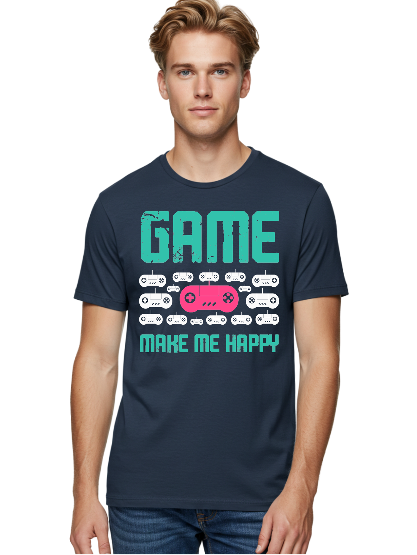 Game-Make-Me-Happy Men'S Graphic Tee, 100% Cotton, Comfortable Casual Summer Wear, Machine Washable, Gaming Controller, Gamepad, Video Games, Gaming Accessories, Positive Vibes, Happiness, Gaming, Make Me Happy - Aaa631