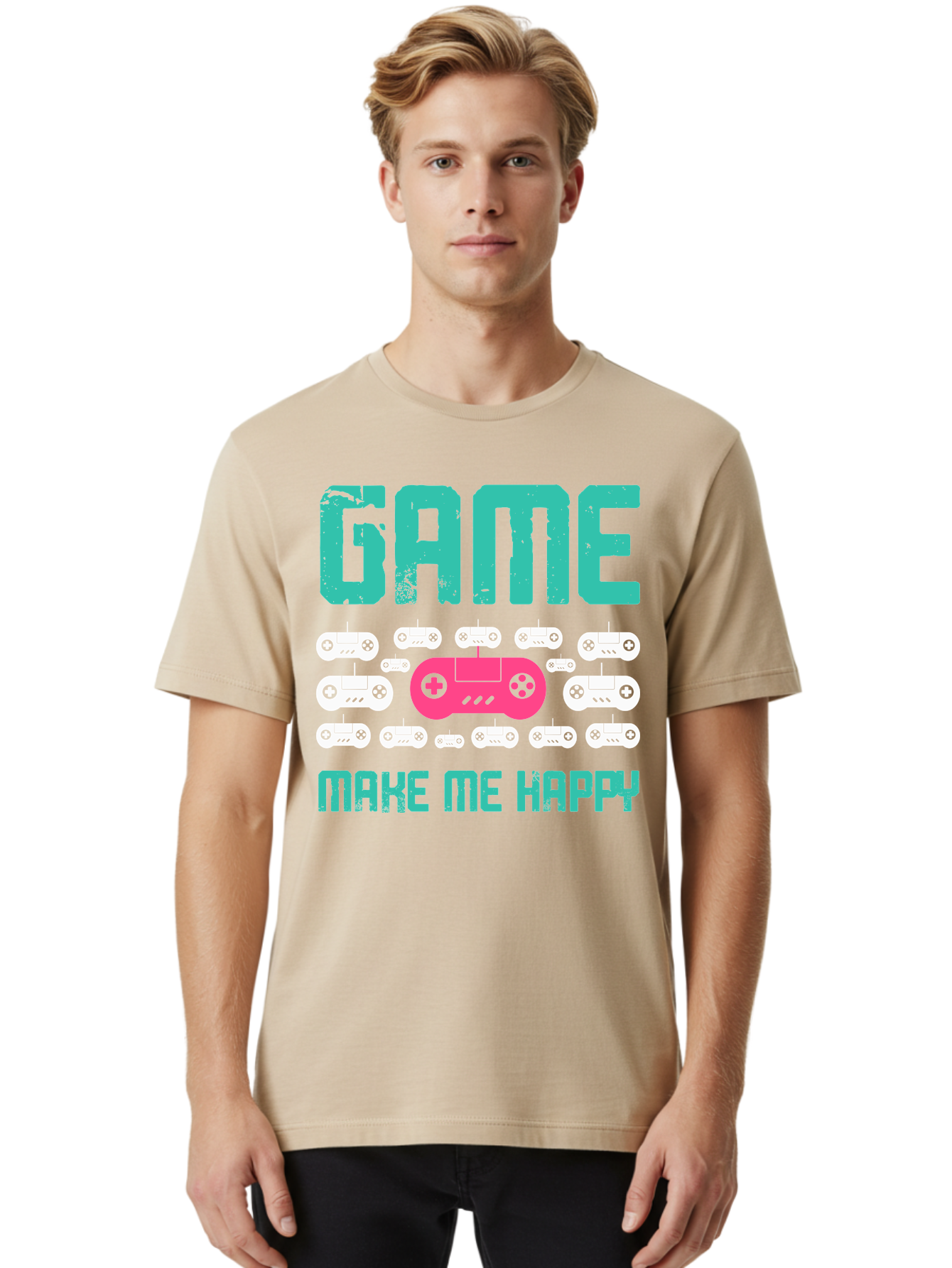 Game-Make-Me-Happy Men'S Graphic Tee, 100% Cotton, Comfortable Casual Summer Wear, Machine Washable, Gaming Controller, Gamepad, Video Games, Gaming Accessories, Positive Vibes, Happiness, Gaming, Make Me Happy - Aaa631