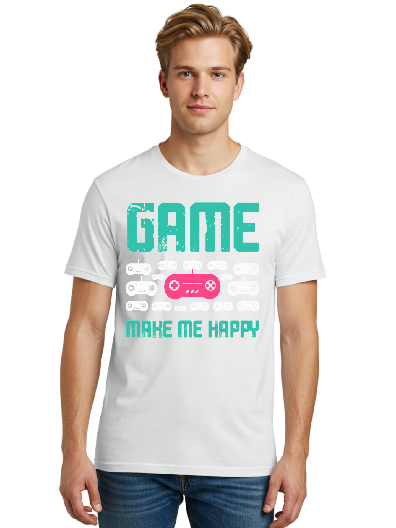 Game-Make-Me-Happy Men'S Graphic Tee, 100% Cotton, Comfortable Casual Summer Wear, Machine Washable, Gaming Controller, Gamepad, Video Games, Gaming Accessories, Positive Vibes, Happiness, Gaming, Make Me Happy - Aaa631