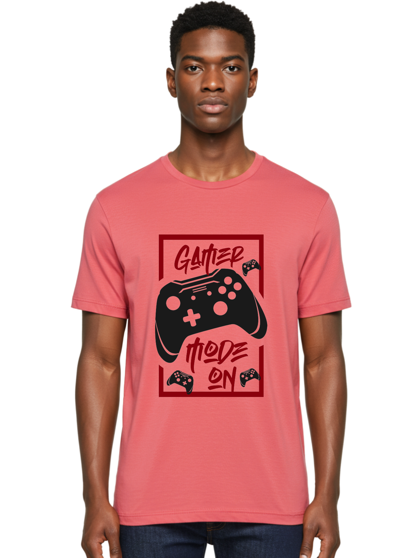 Gamer-Mode-On Men'S Graphic Tee, 100% Cotton, Comfortable Casual Summer Wear, Machine Washable, Game Controller, Gaming Graphics, Video Game Console, Game Mode On, Gather Mode, Gamer Culture, Gaming Community, Game On, Red And Green Design - Aaa634