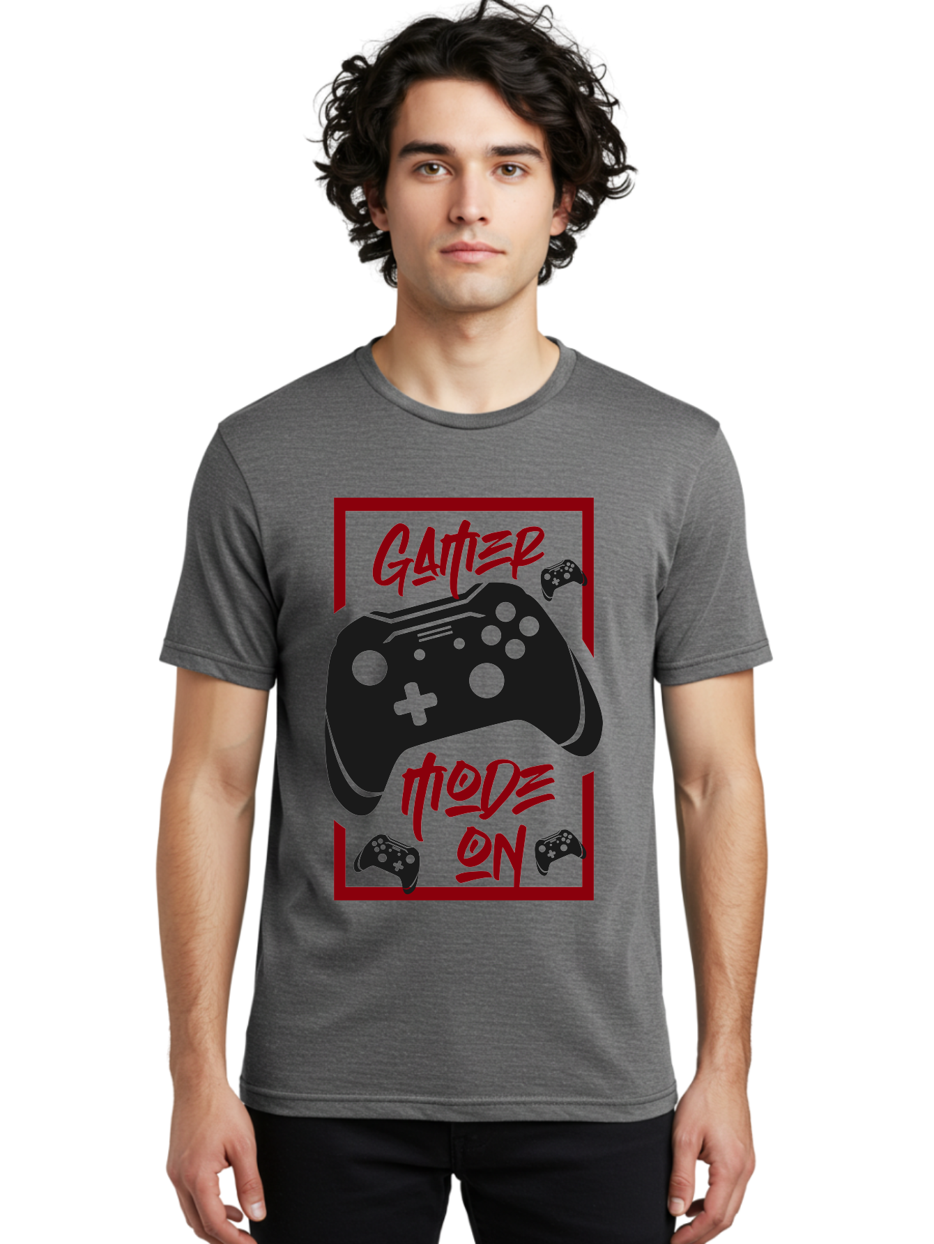 Gamer-Mode-On Men'S Graphic Tee, 100% Cotton, Comfortable Casual Summer Wear, Machine Washable, Game Controller, Gaming Graphics, Video Game Console, Game Mode On, Gather Mode, Gamer Culture, Gaming Community, Game On, Red And Green Design - Aaa634