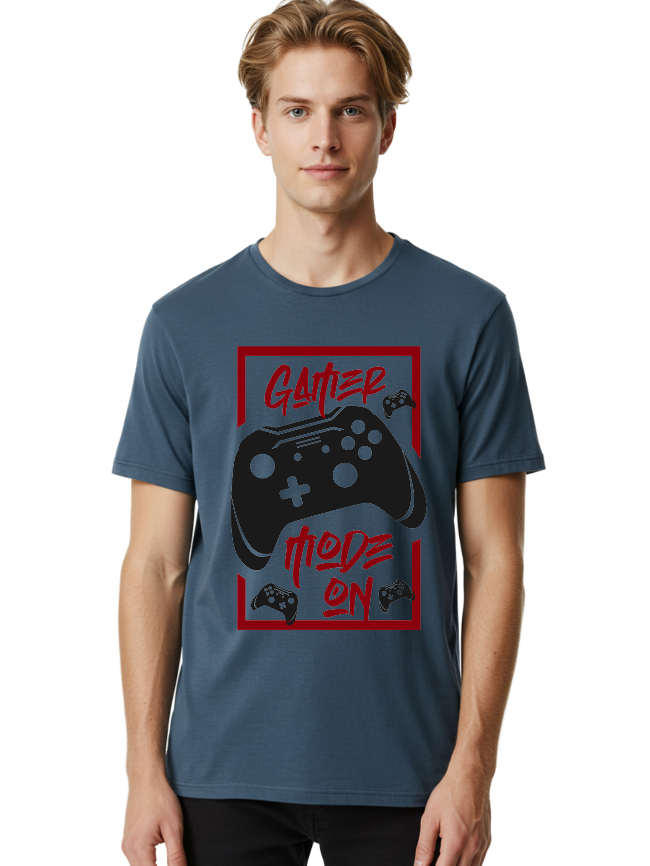 Gamer-Mode-On Men'S Graphic Tee, 100% Cotton, Comfortable Casual Summer Wear, Machine Washable, Game Controller, Gaming Graphics, Video Game Console, Game Mode On, Gather Mode, Gamer Culture, Gaming Community, Game On, Red And Green Design - Aaa634