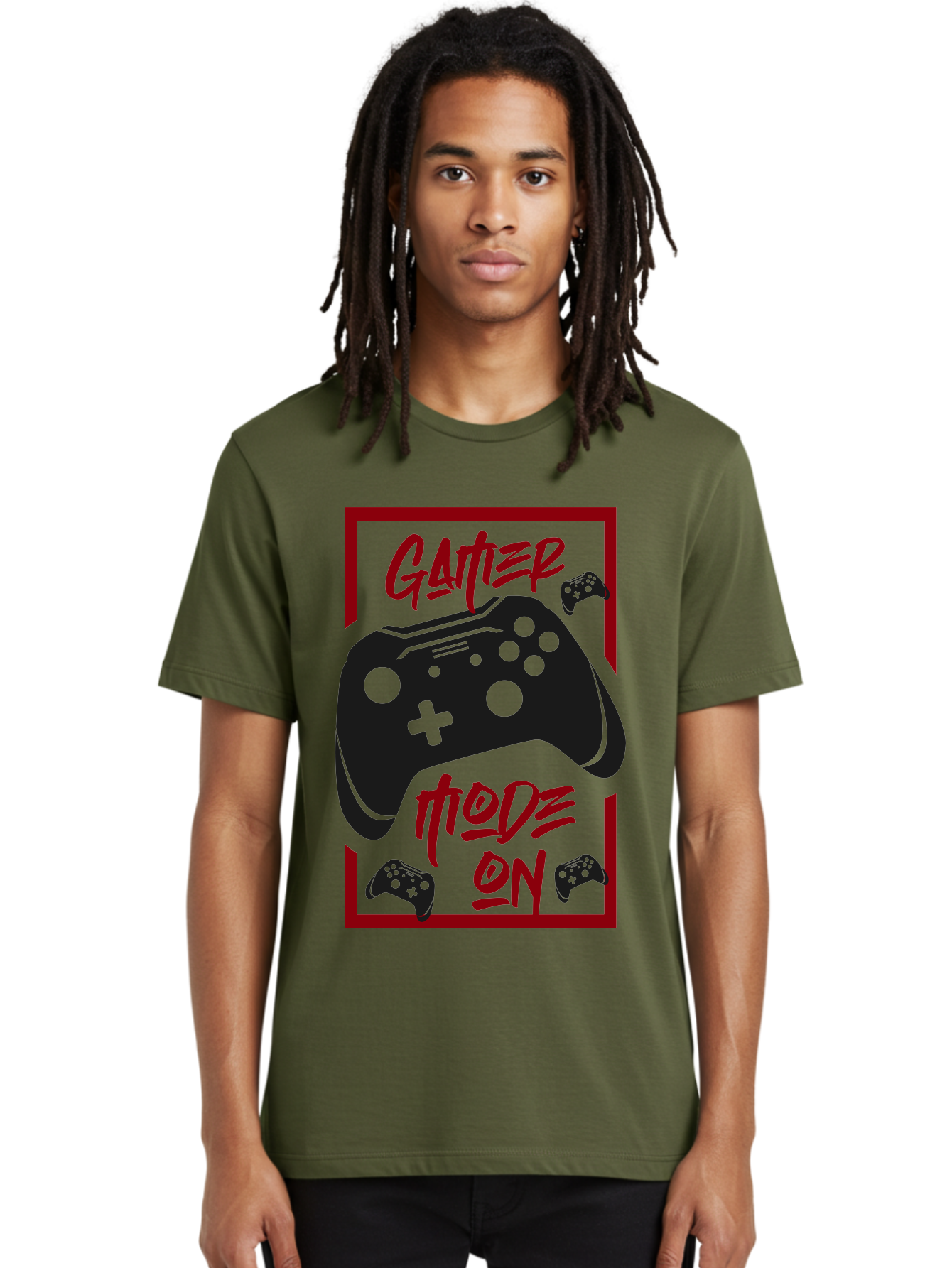 Gamer-Mode-On Men'S Graphic Tee, 100% Cotton, Comfortable Casual Summer Wear, Machine Washable, Game Controller, Gaming Graphics, Video Game Console, Game Mode On, Gather Mode, Gamer Culture, Gaming Community, Game On, Red And Green Design - Aaa634