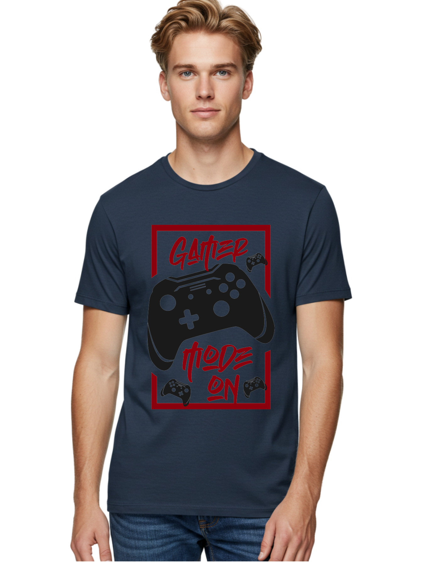 Gamer-Mode-On Men'S Graphic Tee, 100% Cotton, Comfortable Casual Summer Wear, Machine Washable, Game Controller, Gaming Graphics, Video Game Console, Game Mode On, Gather Mode, Gamer Culture, Gaming Community, Game On, Red And Green Design - Aaa634