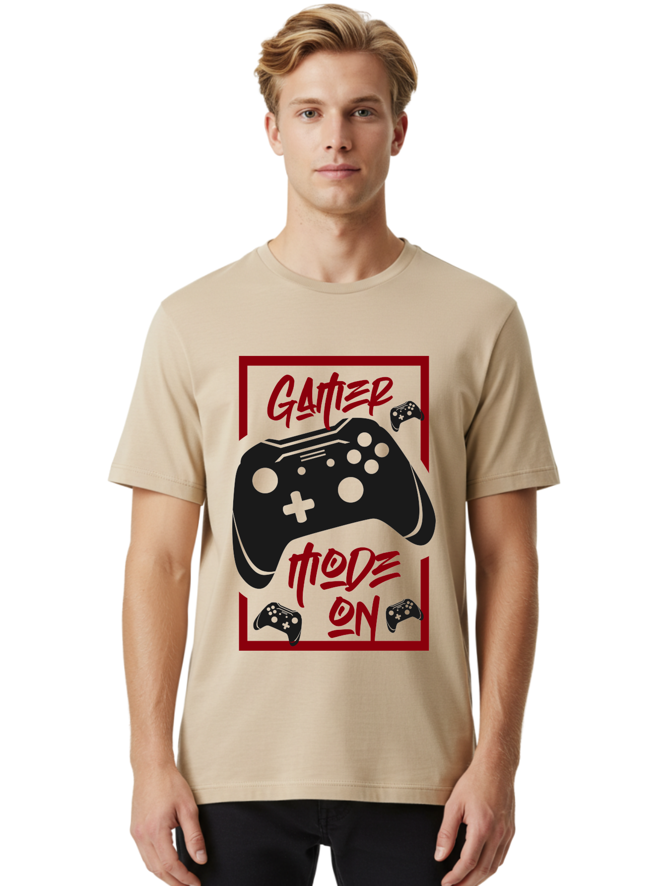 Gamer-Mode-On Men'S Graphic Tee, 100% Cotton, Comfortable Casual Summer Wear, Machine Washable, Game Controller, Gaming Graphics, Video Game Console, Game Mode On, Gather Mode, Gamer Culture, Gaming Community, Game On, Red And Green Design - Aaa634
