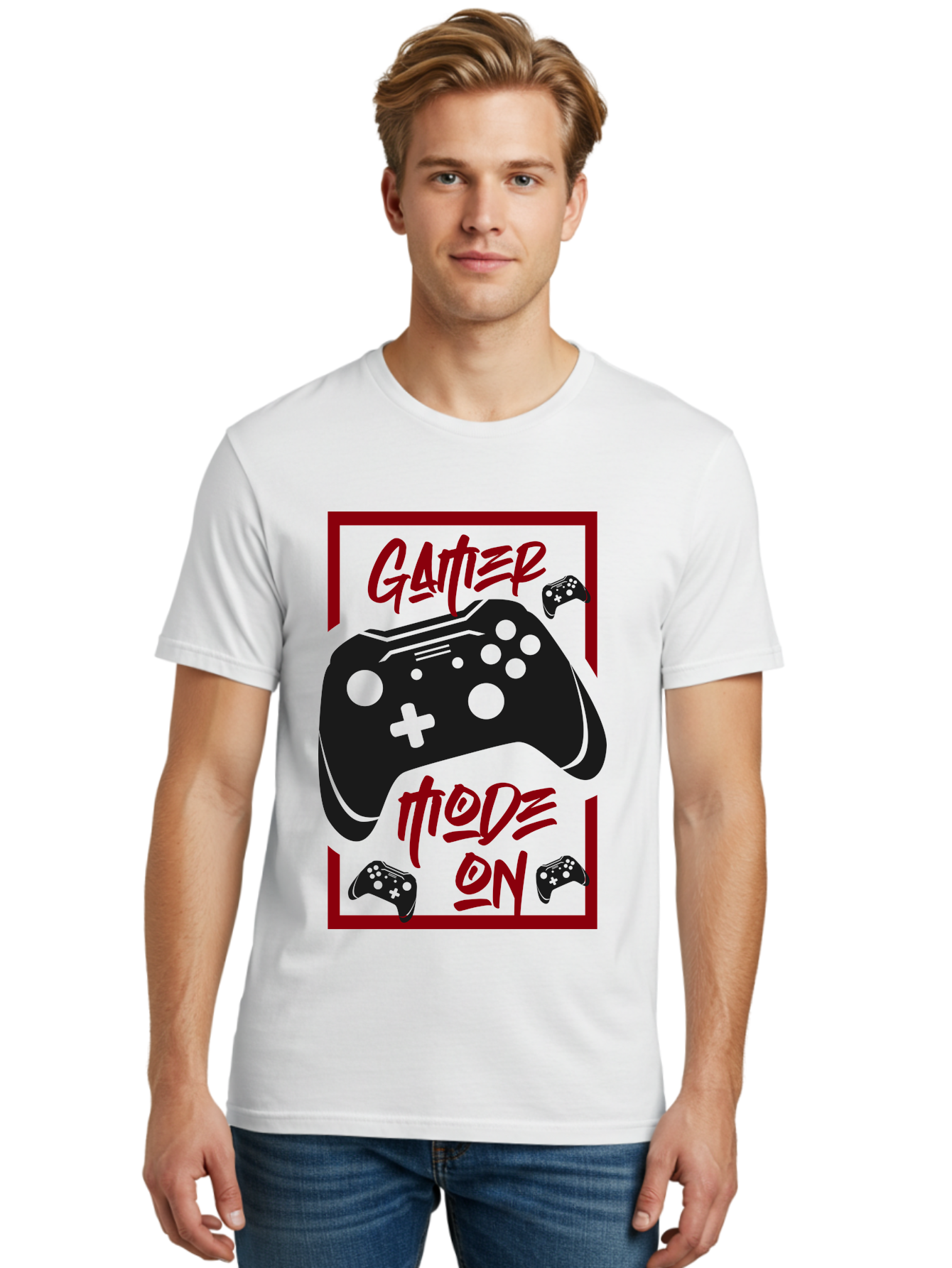 Gamer-Mode-On Men'S Graphic Tee, 100% Cotton, Comfortable Casual Summer Wear, Machine Washable, Game Controller, Gaming Graphics, Video Game Console, Game Mode On, Gather Mode, Gamer Culture, Gaming Community, Game On, Red And Green Design - Aaa634