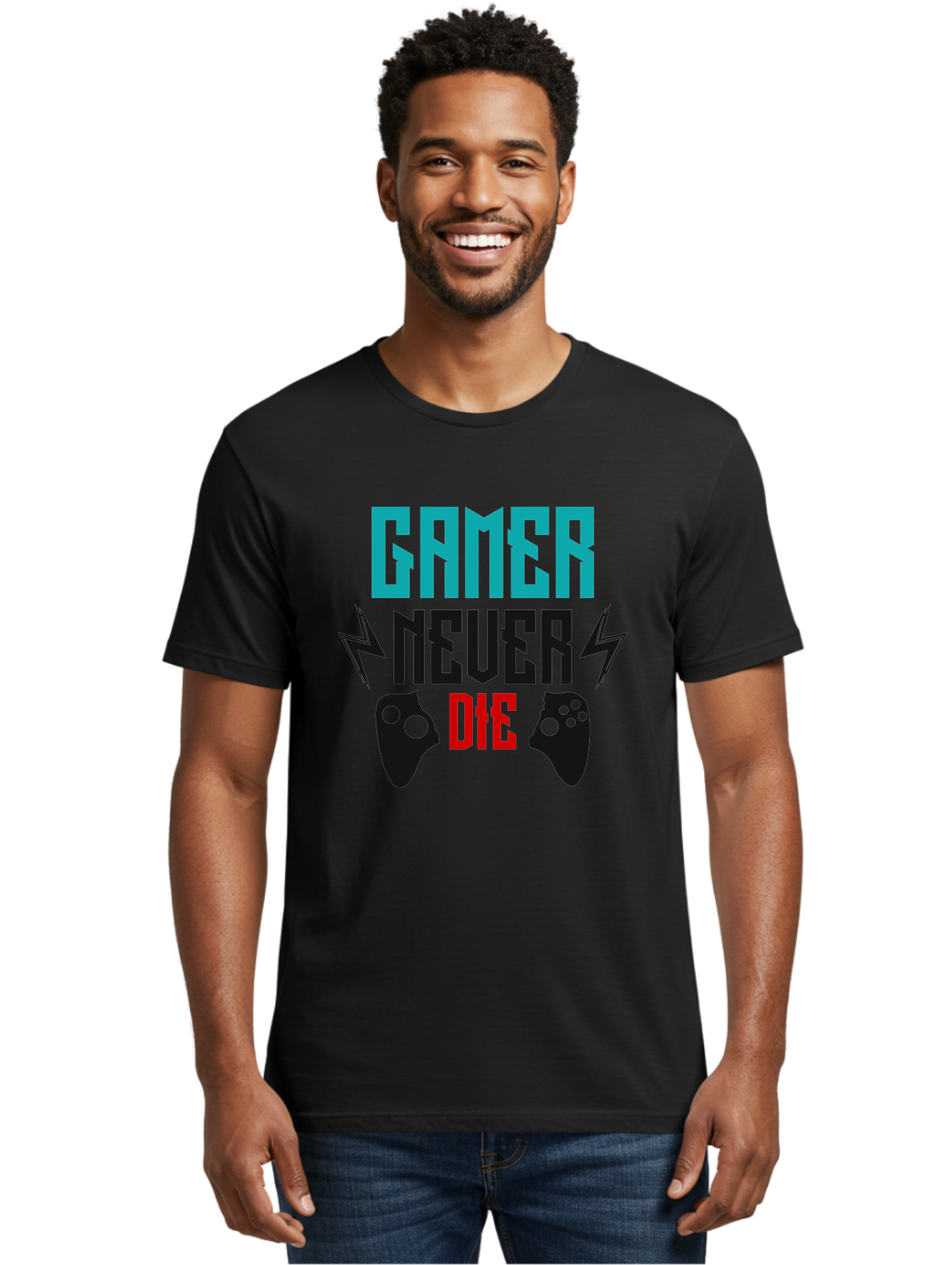 Gamer-Never-Die Men'S Graphic Tee, 100% Cotton, Comfortable Casual Summer Wear, Machine Washable, Gaming Culture, Gaming Controllers, Motivational Quote, Gamer Lifestyle, Video Games, Gaming Community, Game On - Aaa635