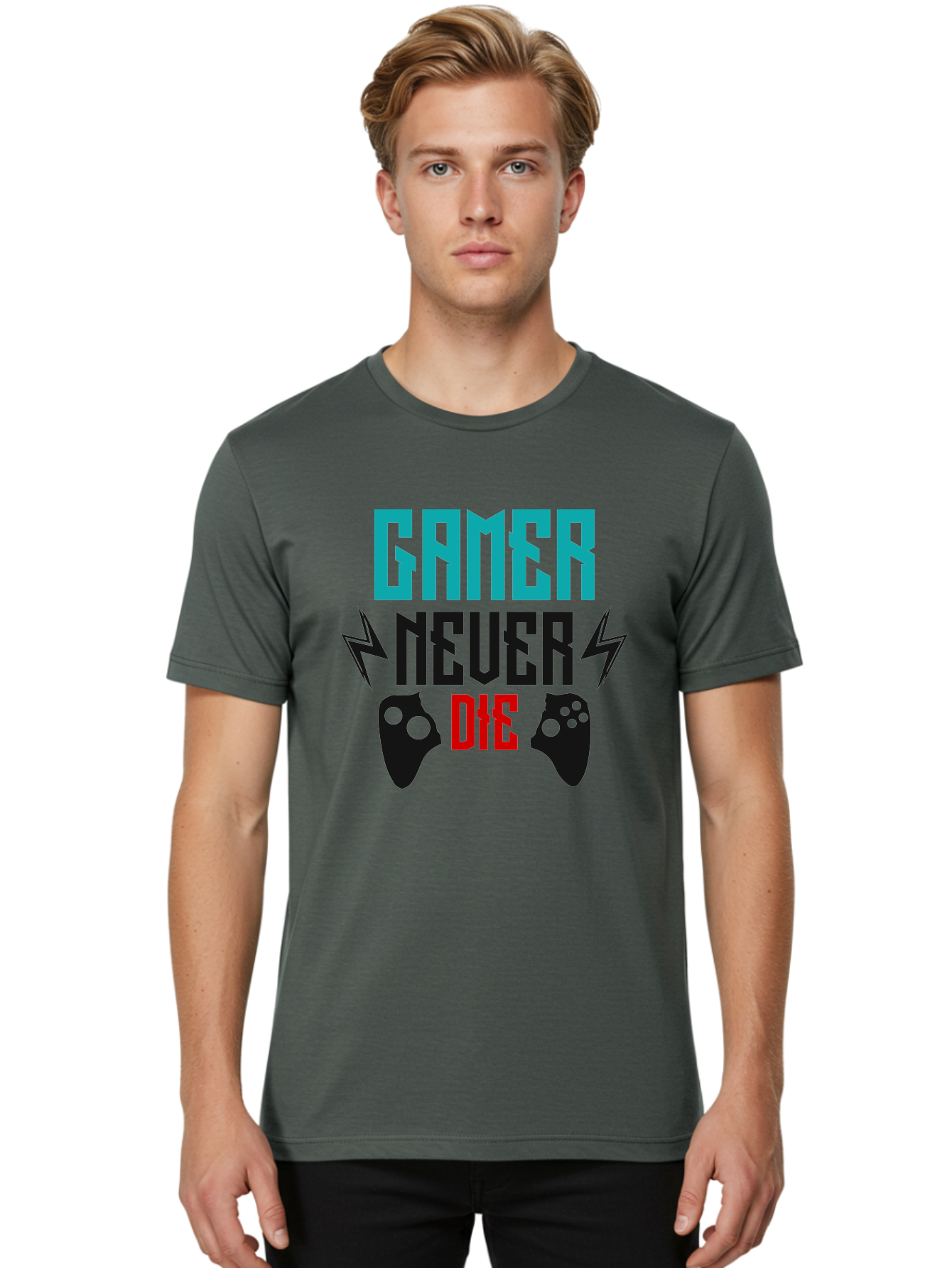 Gamer-Never-Die Men'S Graphic Tee, 100% Cotton, Comfortable Casual Summer Wear, Machine Washable, Gaming Culture, Gaming Controllers, Motivational Quote, Gamer Lifestyle, Video Games, Gaming Community, Game On - Aaa635