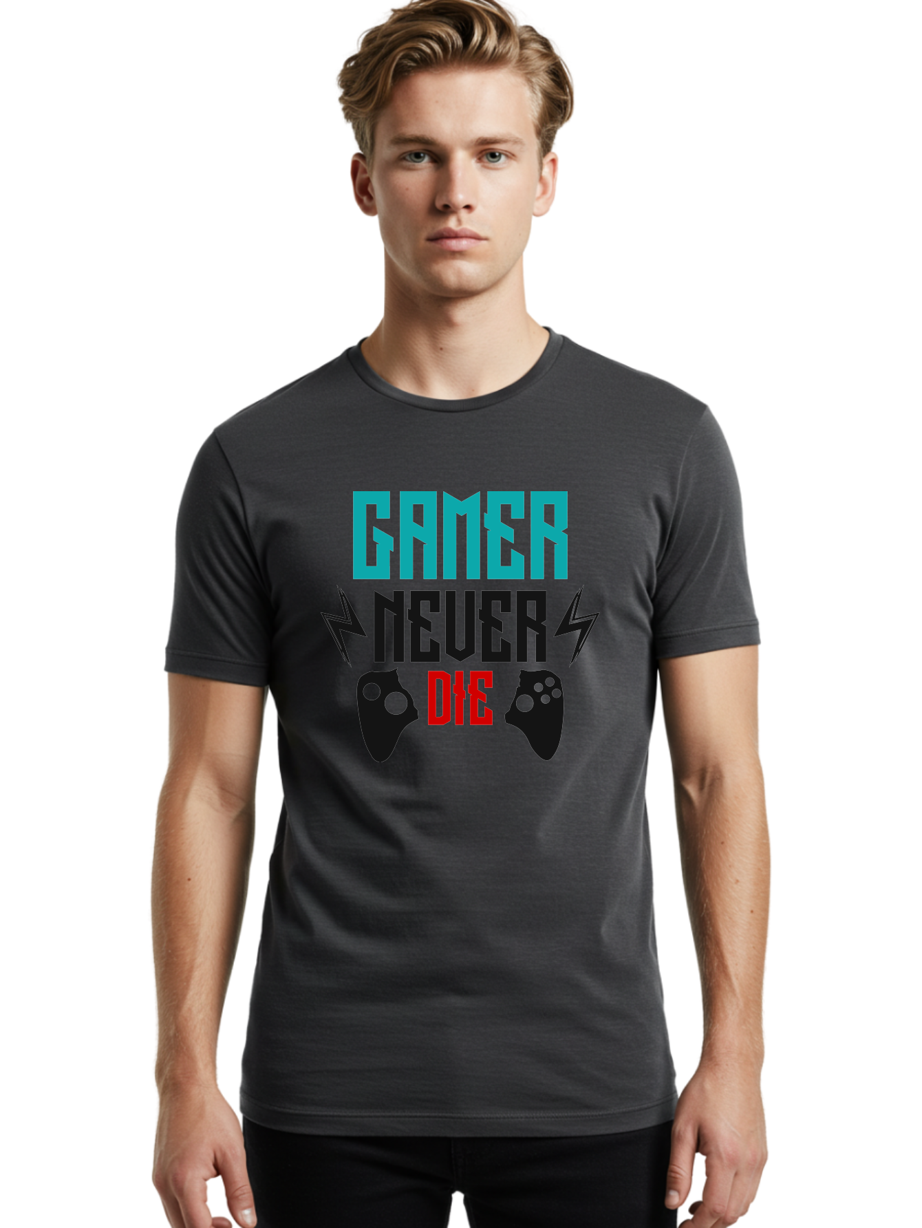 Gamer-Never-Die Men'S Graphic Tee, 100% Cotton, Comfortable Casual Summer Wear, Machine Washable, Gaming Culture, Gaming Controllers, Motivational Quote, Gamer Lifestyle, Video Games, Gaming Community, Game On - Aaa635