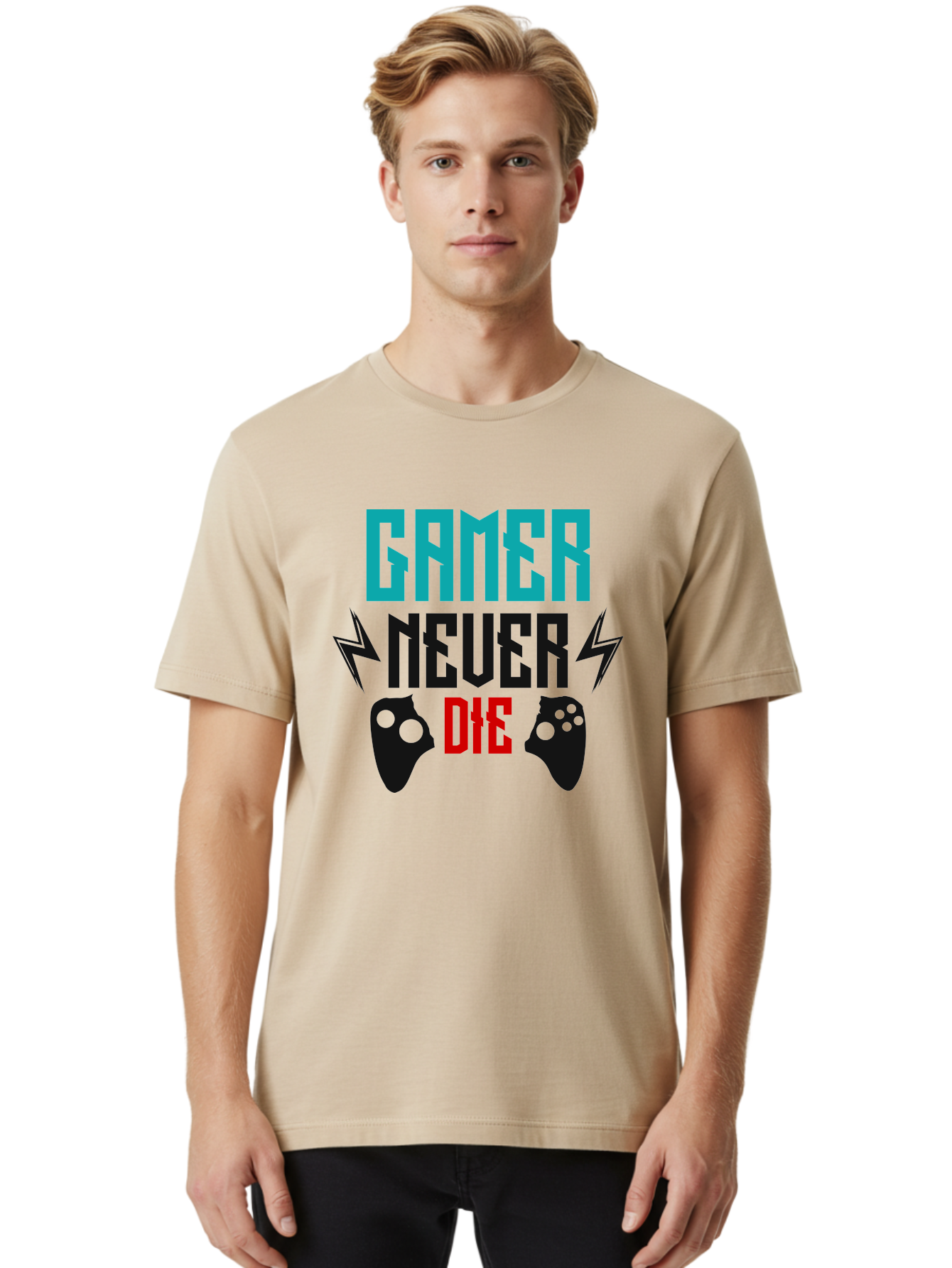 Gamer-Never-Die Men'S Graphic Tee, 100% Cotton, Comfortable Casual Summer Wear, Machine Washable, Gaming Culture, Gaming Controllers, Motivational Quote, Gamer Lifestyle, Video Games, Gaming Community, Game On - Aaa635