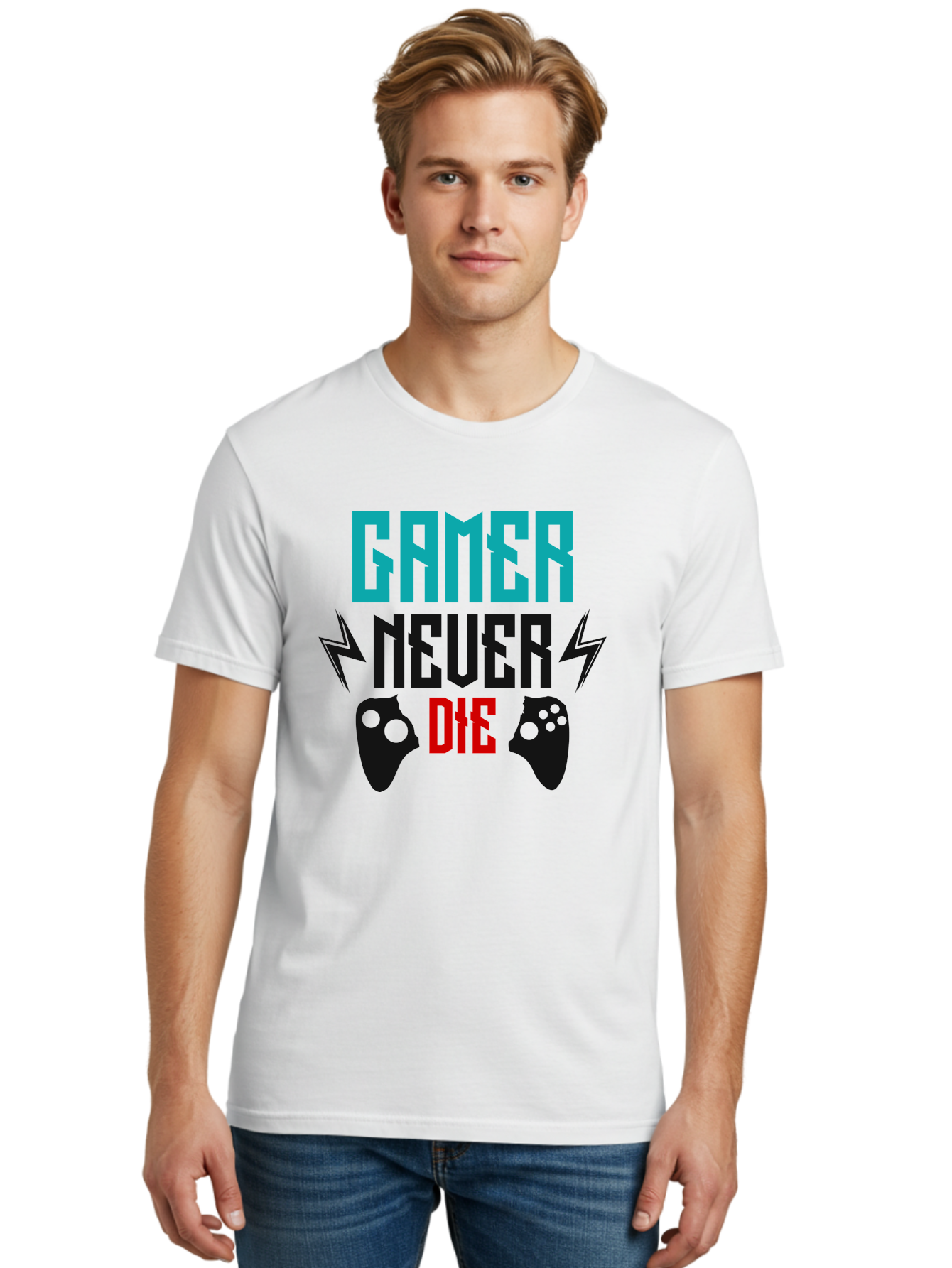 Gamer-Never-Die Men'S Graphic Tee, 100% Cotton, Comfortable Casual Summer Wear, Machine Washable, Gaming Culture, Gaming Controllers, Motivational Quote, Gamer Lifestyle, Video Games, Gaming Community, Game On - Aaa635