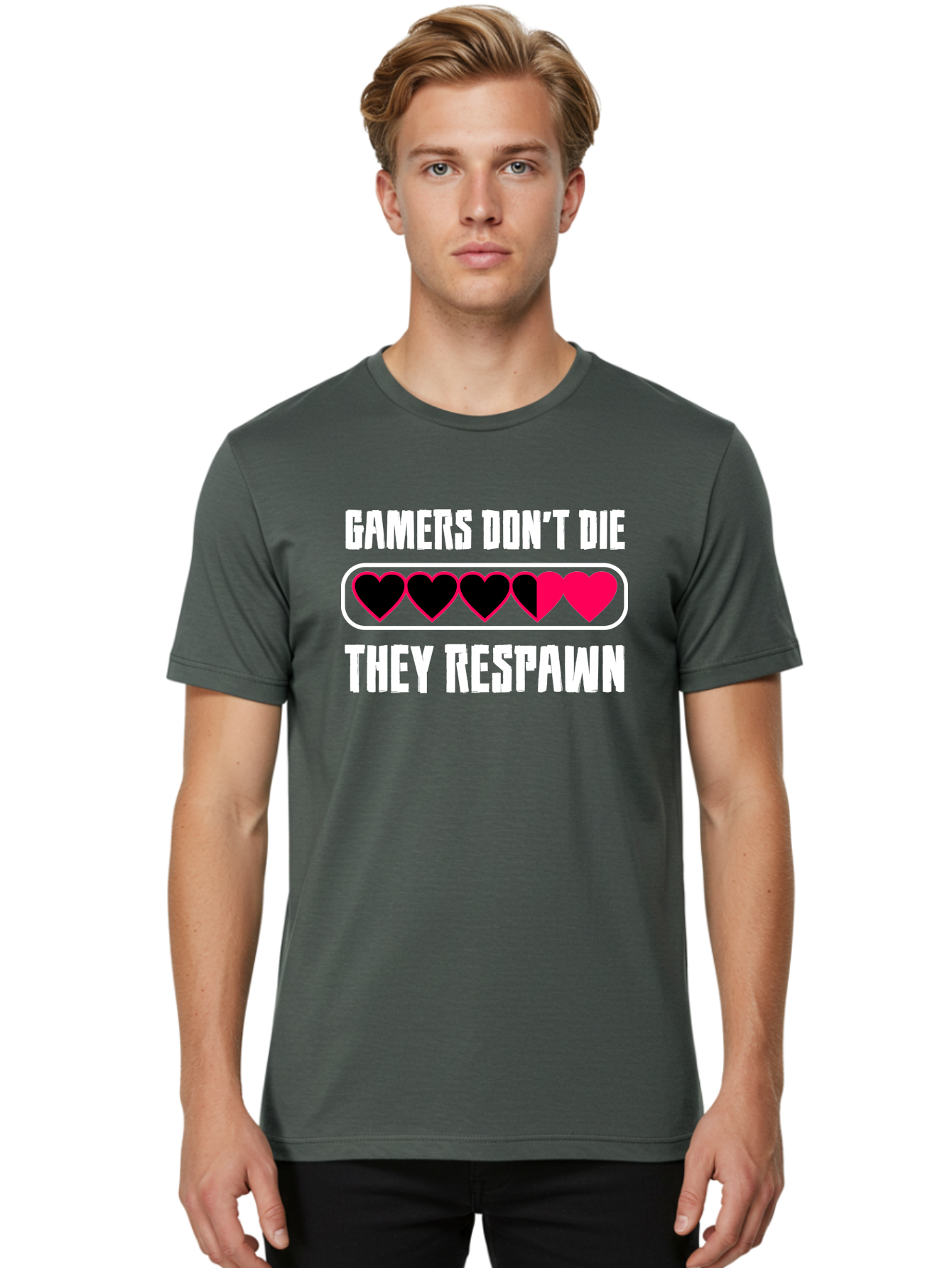 Gamers-Don-T-Die-They-Respwan Men'S Graphic Tee, 100% Cotton, Comfortable Casual Summer Wear, Machine Washable, Gaming Quote, Gamer Life, Respawn, Video Game Humor, Gaming Culture, Gamer Hearts, Digital Entertainment, Gaming Phrase - Aaa637