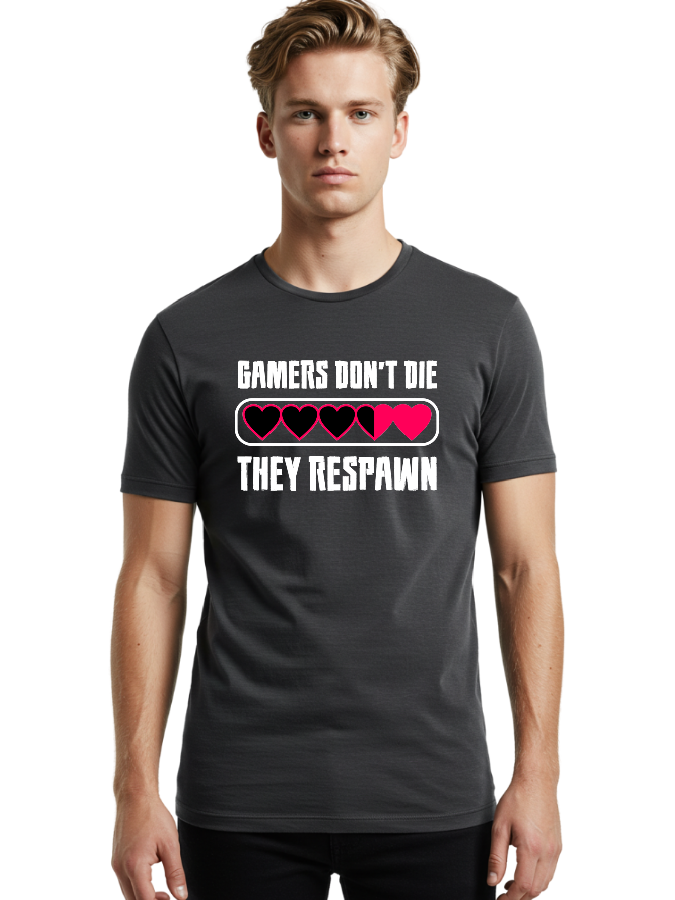 Gamers-Don-T-Die-They-Respwan Men'S Graphic Tee, 100% Cotton, Comfortable Casual Summer Wear, Machine Washable, Gaming Quote, Gamer Life, Respawn, Video Game Humor, Gaming Culture, Gamer Hearts, Digital Entertainment, Gaming Phrase - Aaa637