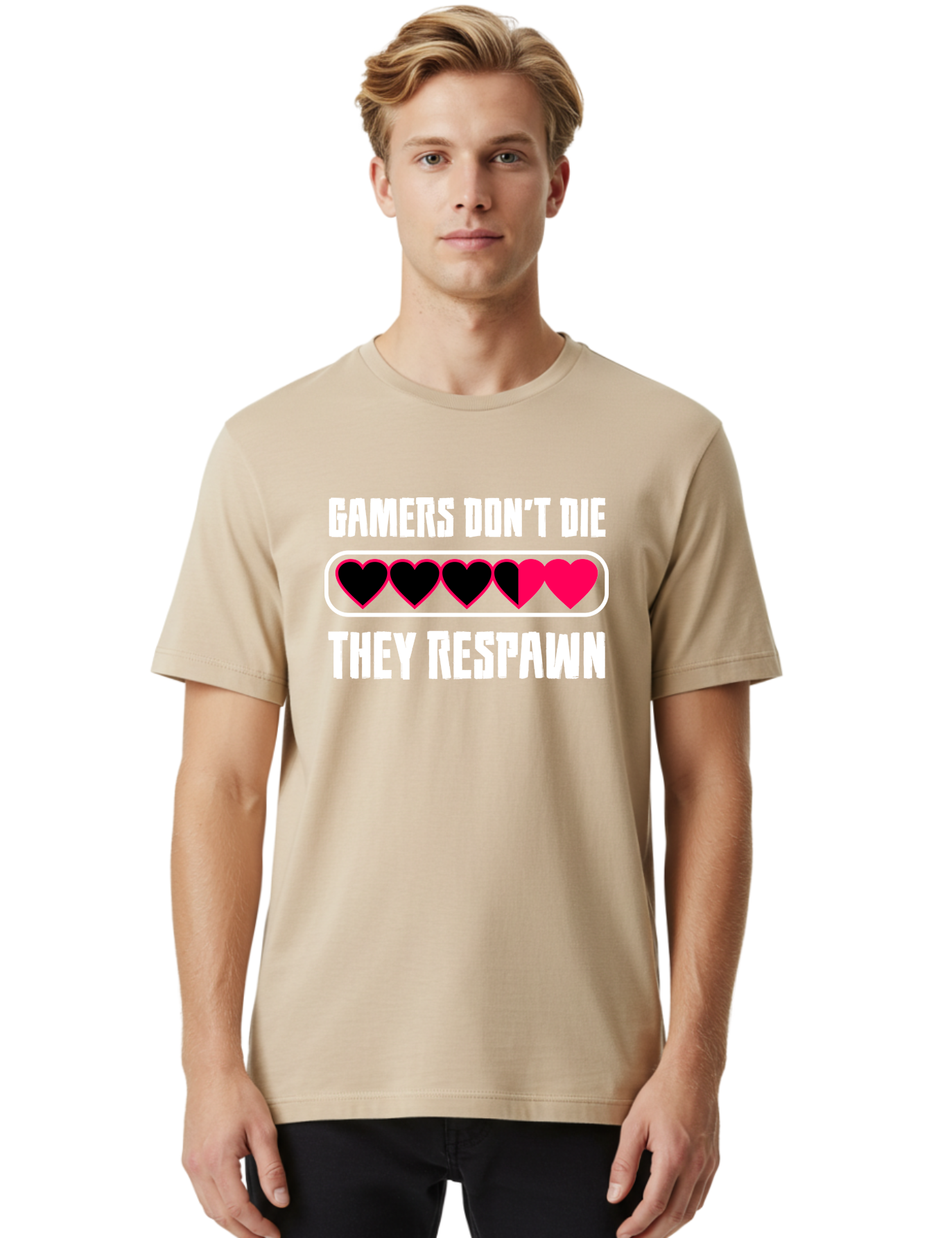 Gamers-Don-T-Die-They-Respwan Men'S Graphic Tee, 100% Cotton, Comfortable Casual Summer Wear, Machine Washable, Gaming Quote, Gamer Life, Respawn, Video Game Humor, Gaming Culture, Gamer Hearts, Digital Entertainment, Gaming Phrase - Aaa637