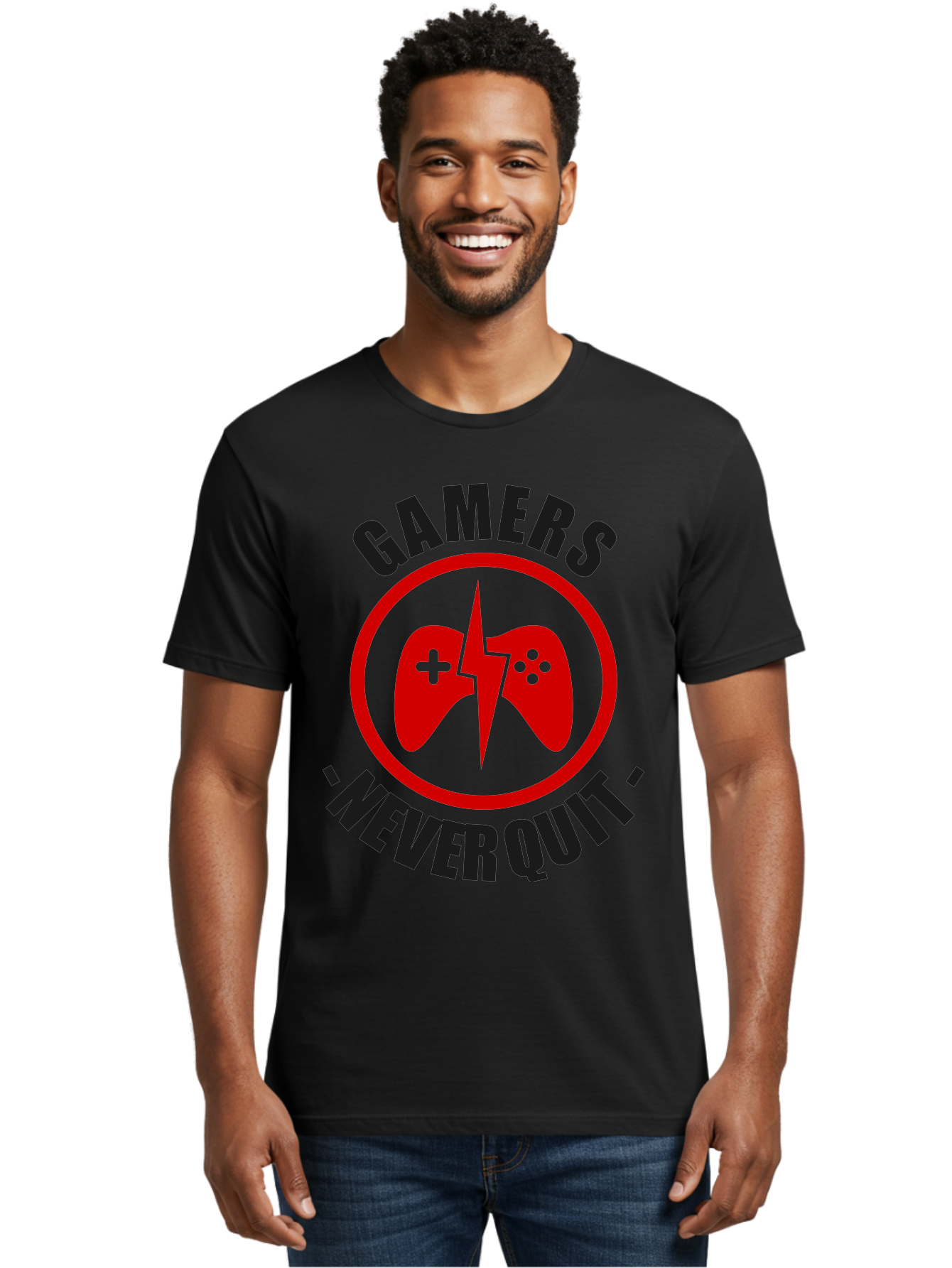 Gamers-Never-Quit Men'S Graphic Tee, 100% Cotton, Comfortable Casual Summer Wear, Machine Washable, Gaming Logo, Red Gamepad Symbol, Bold Typography, Motivational Quote, Never Quit Attitude, Gaming Culture, Gamer Spirit - Aaa638