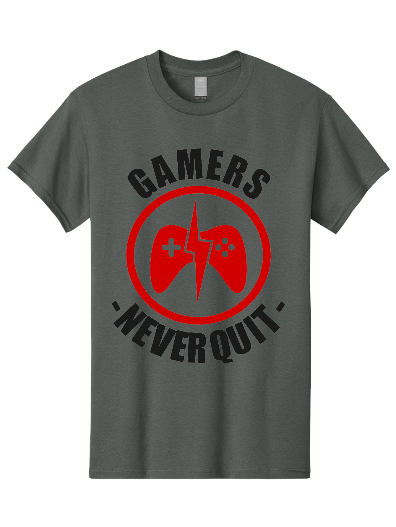 Gamers-Never-Quit Men'S Graphic Tee, 100% Cotton, Comfortable Casual Summer Wear, Machine Washable, Gaming Logo, Red Gamepad Symbol, Bold Typography, Motivational Quote, Never Quit Attitude, Gaming Culture, Gamer Spirit - Aaa638
