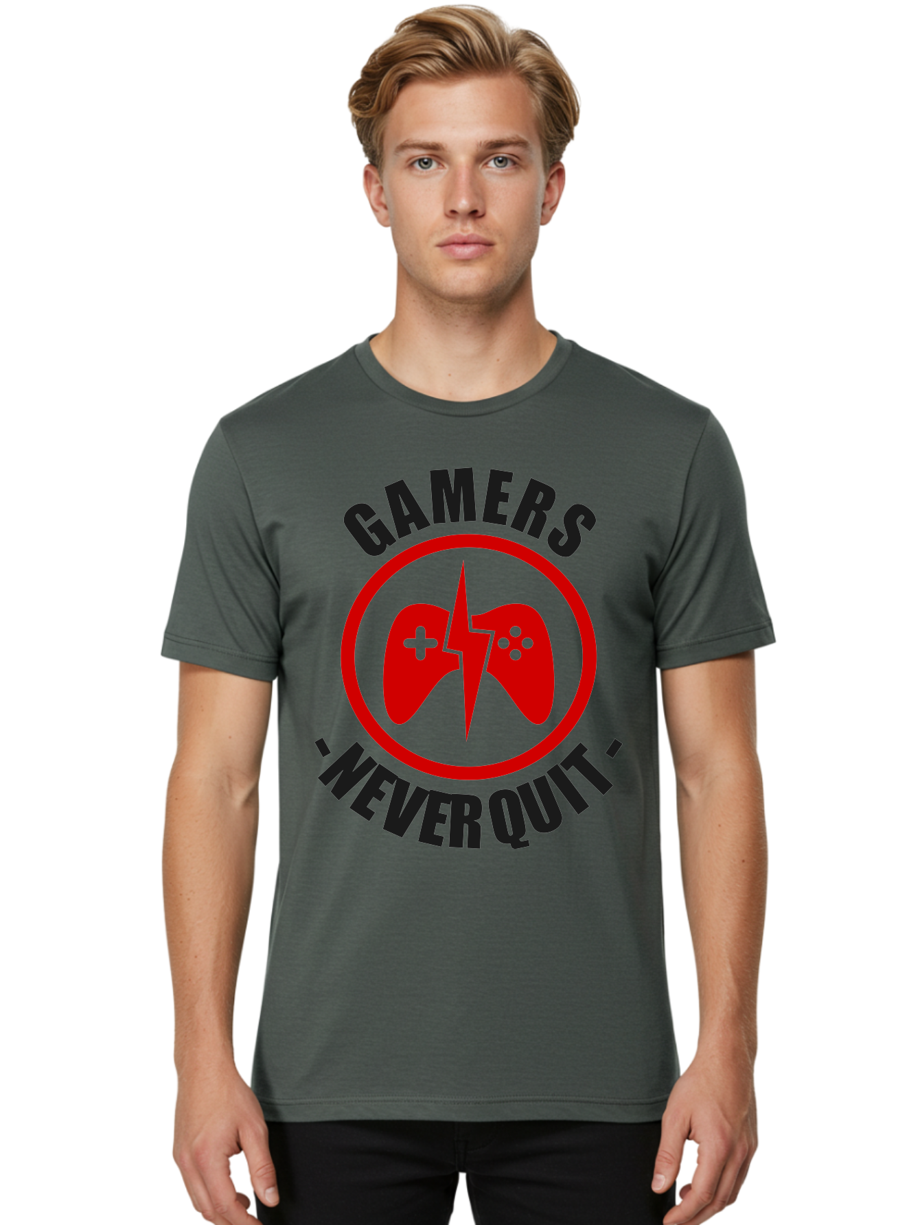 Gamers-Never-Quit Men'S Graphic Tee, 100% Cotton, Comfortable Casual Summer Wear, Machine Washable, Gaming Logo, Red Gamepad Symbol, Bold Typography, Motivational Quote, Never Quit Attitude, Gaming Culture, Gamer Spirit - Aaa638