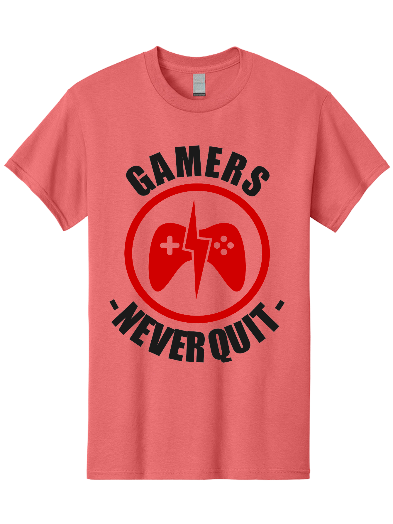 Gamers-Never-Quit Men'S Graphic Tee, 100% Cotton, Comfortable Casual Summer Wear, Machine Washable, Gaming Logo, Red Gamepad Symbol, Bold Typography, Motivational Quote, Never Quit Attitude, Gaming Culture, Gamer Spirit - Aaa638