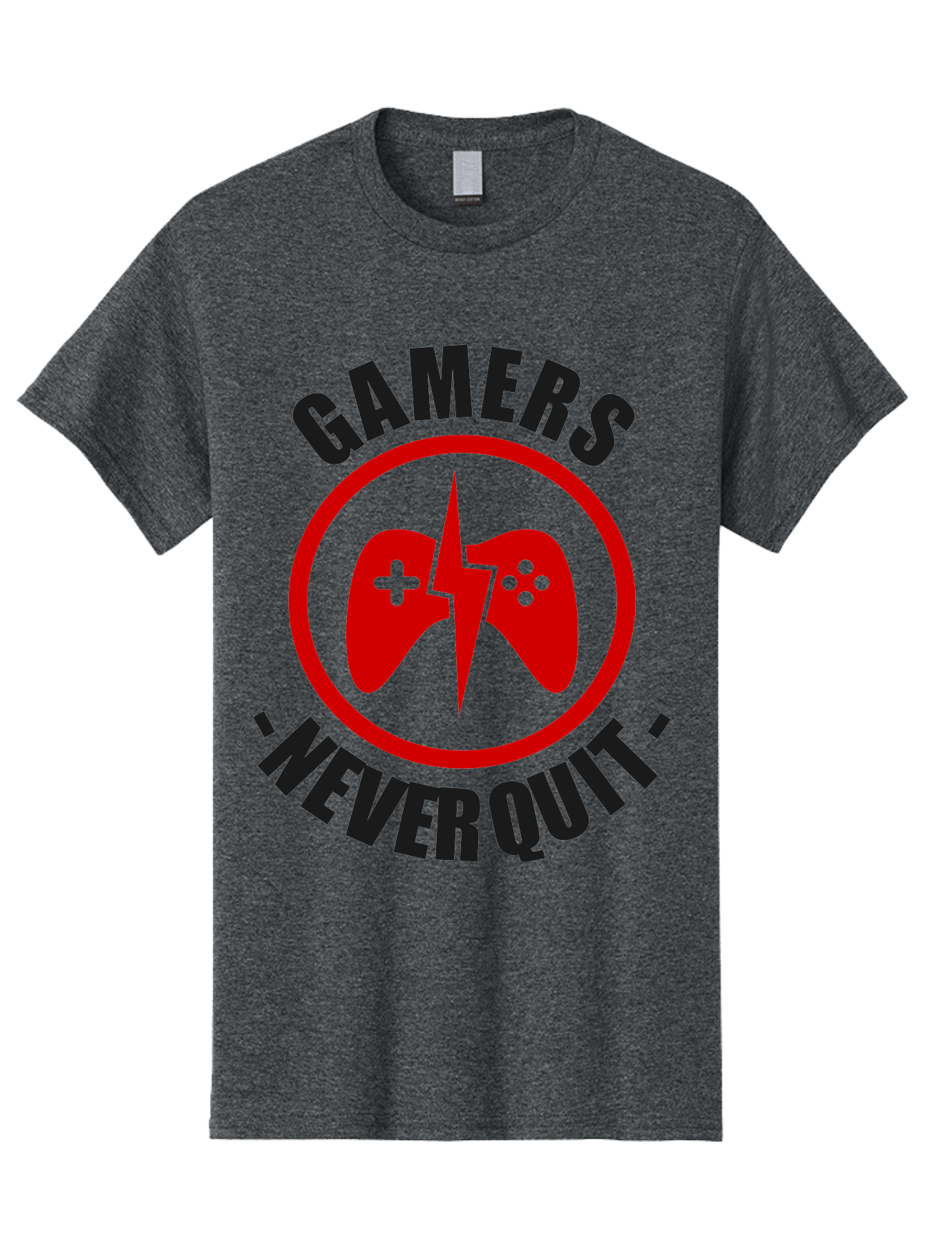 Gamers-Never-Quit Men'S Graphic Tee, 100% Cotton, Comfortable Casual Summer Wear, Machine Washable, Gaming Logo, Red Gamepad Symbol, Bold Typography, Motivational Quote, Never Quit Attitude, Gaming Culture, Gamer Spirit - Aaa638