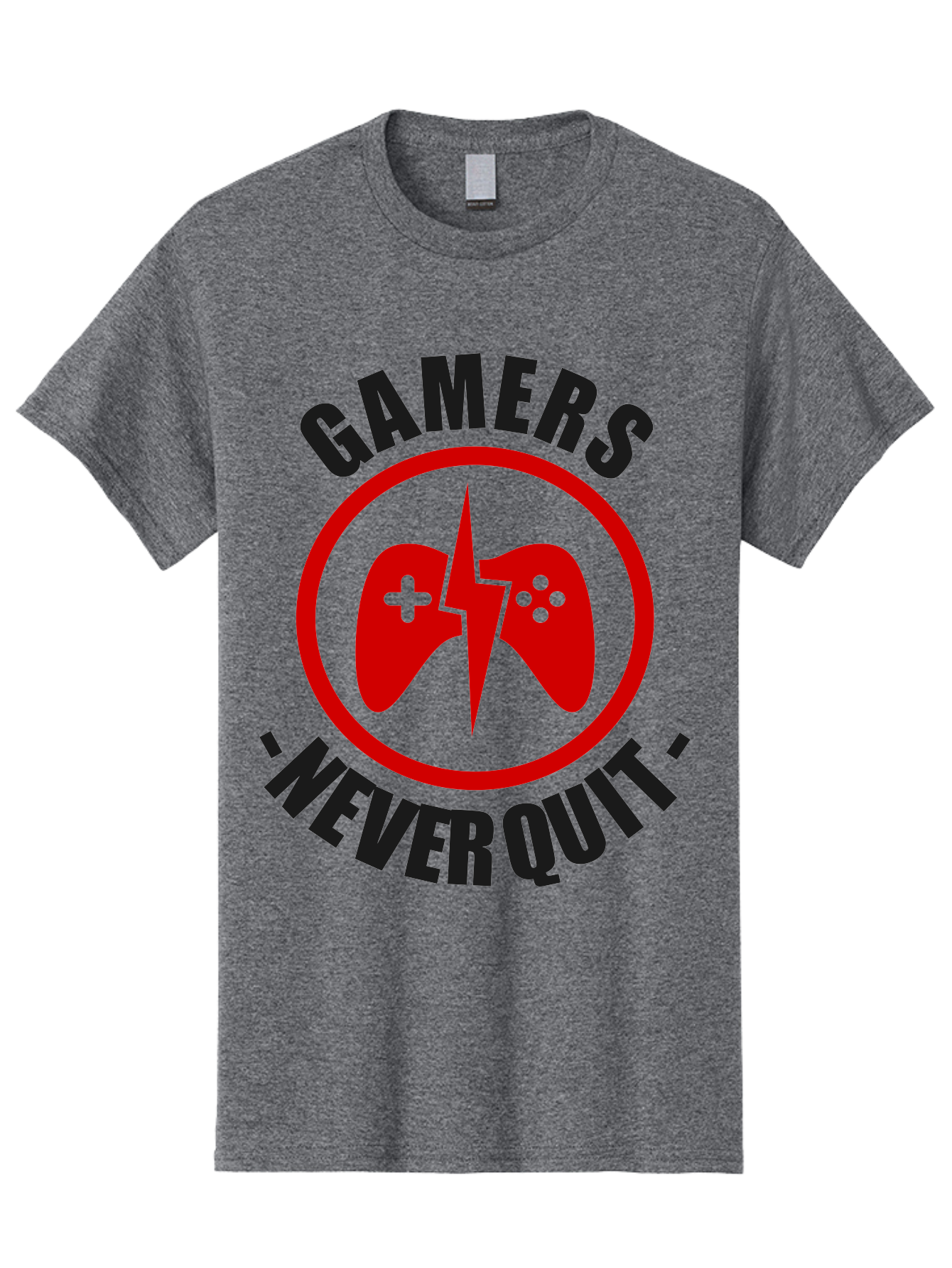 Gamers-Never-Quit Men'S Graphic Tee, 100% Cotton, Comfortable Casual Summer Wear, Machine Washable, Gaming Logo, Red Gamepad Symbol, Bold Typography, Motivational Quote, Never Quit Attitude, Gaming Culture, Gamer Spirit - Aaa638