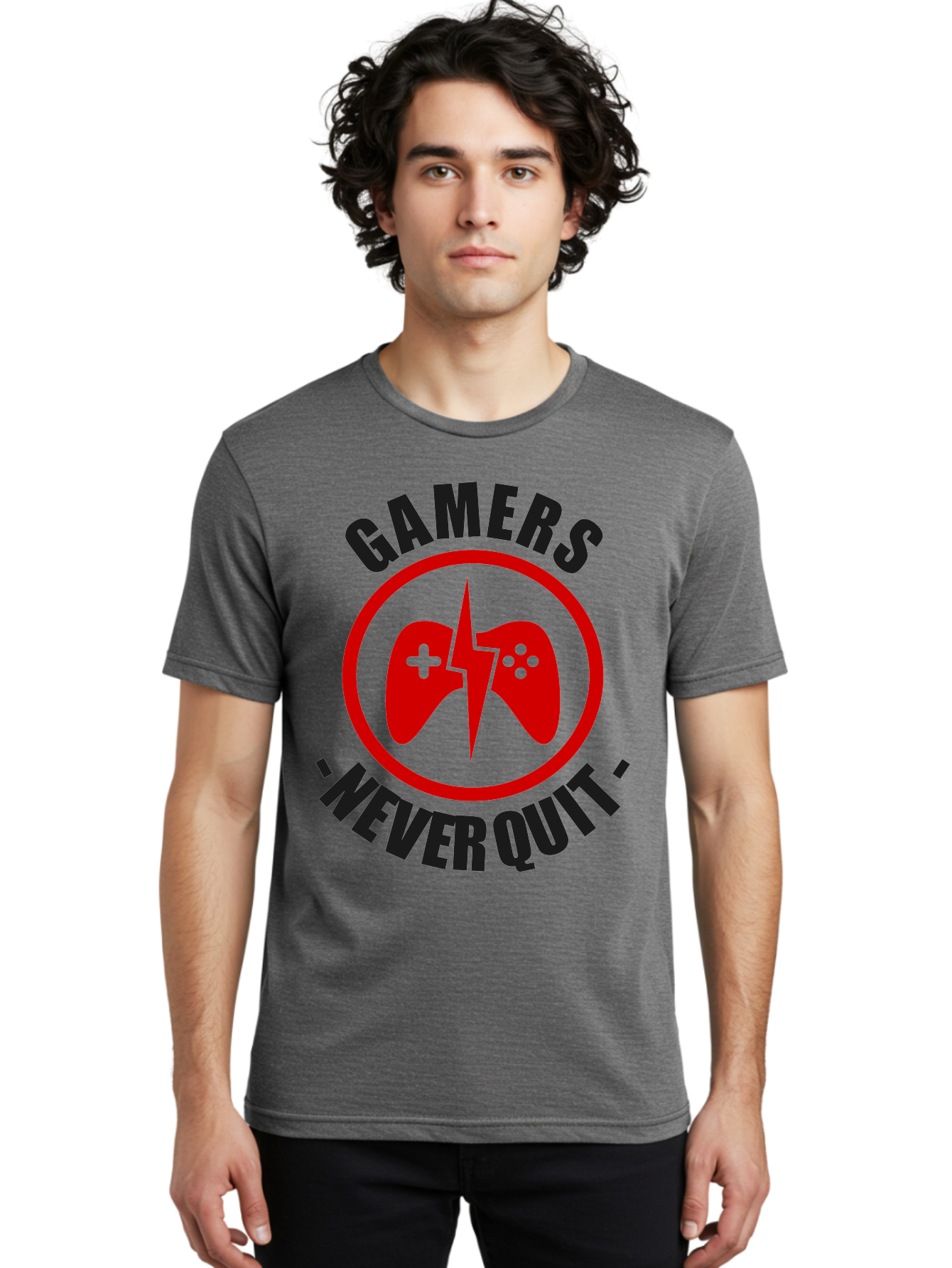 Gamers-Never-Quit Men'S Graphic Tee, 100% Cotton, Comfortable Casual Summer Wear, Machine Washable, Gaming Logo, Red Gamepad Symbol, Bold Typography, Motivational Quote, Never Quit Attitude, Gaming Culture, Gamer Spirit - Aaa638