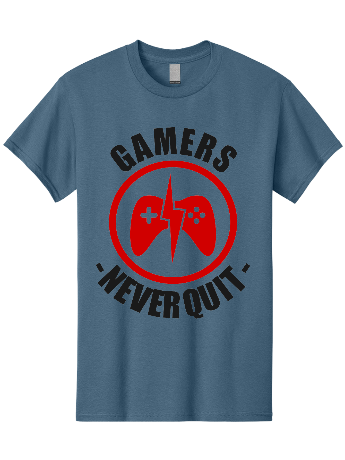 Gamers-Never-Quit Men'S Graphic Tee, 100% Cotton, Comfortable Casual Summer Wear, Machine Washable, Gaming Logo, Red Gamepad Symbol, Bold Typography, Motivational Quote, Never Quit Attitude, Gaming Culture, Gamer Spirit - Aaa638