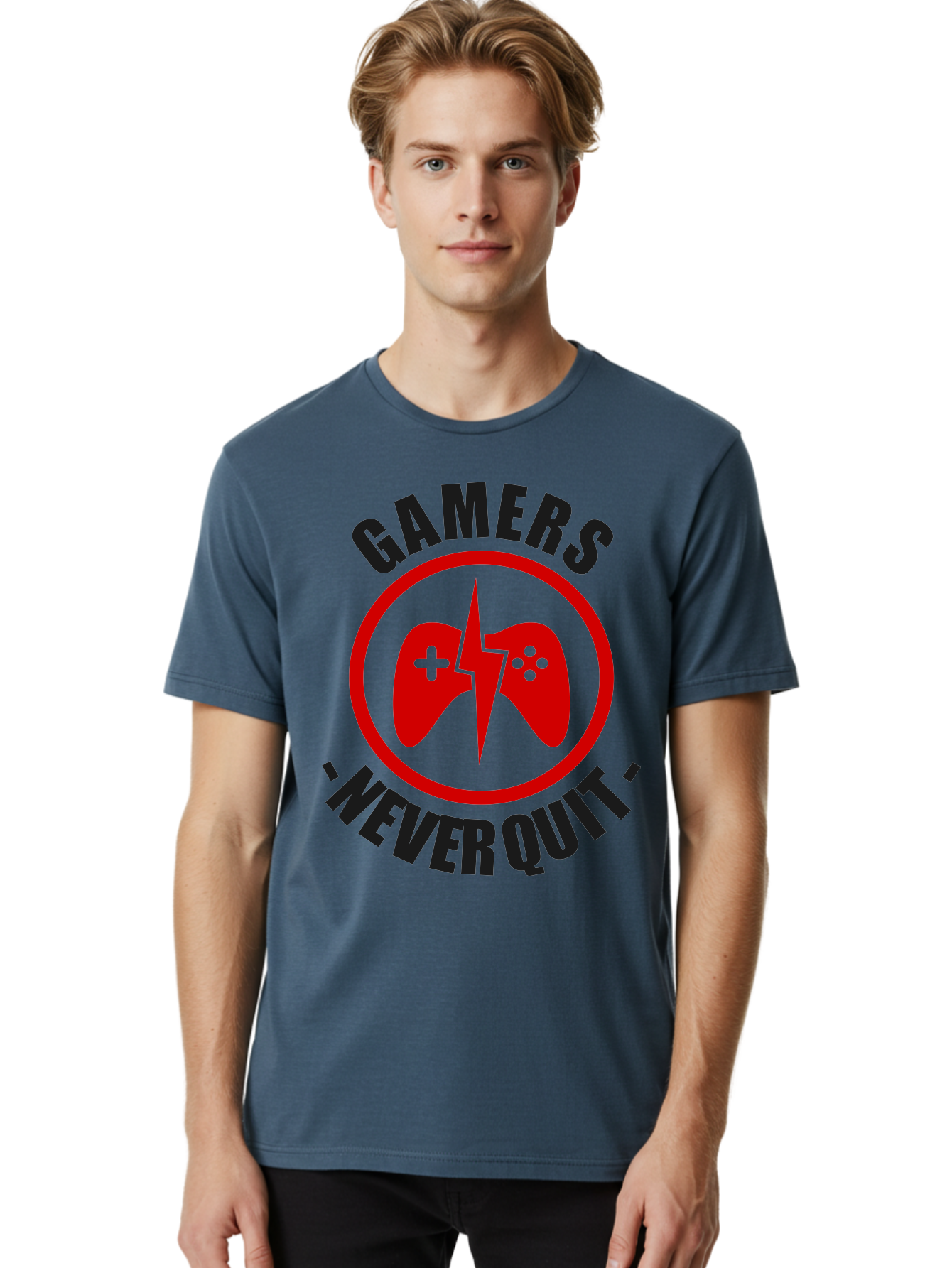 Gamers-Never-Quit Men'S Graphic Tee, 100% Cotton, Comfortable Casual Summer Wear, Machine Washable, Gaming Logo, Red Gamepad Symbol, Bold Typography, Motivational Quote, Never Quit Attitude, Gaming Culture, Gamer Spirit - Aaa638