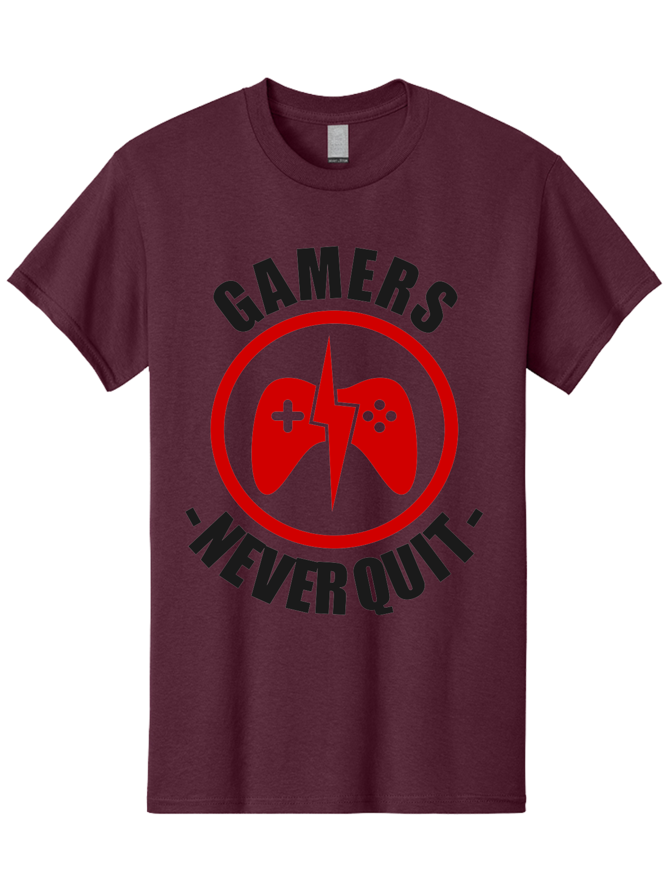 Gamers-Never-Quit Men'S Graphic Tee, 100% Cotton, Comfortable Casual Summer Wear, Machine Washable, Gaming Logo, Red Gamepad Symbol, Bold Typography, Motivational Quote, Never Quit Attitude, Gaming Culture, Gamer Spirit - Aaa638