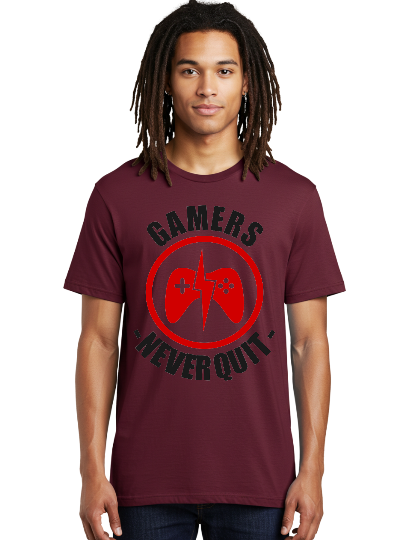 Gamers-Never-Quit Men'S Graphic Tee, 100% Cotton, Comfortable Casual Summer Wear, Machine Washable, Gaming Logo, Red Gamepad Symbol, Bold Typography, Motivational Quote, Never Quit Attitude, Gaming Culture, Gamer Spirit - Aaa638