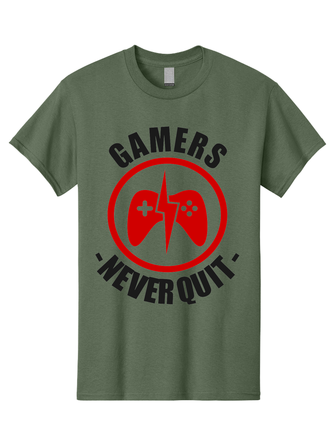 Gamers-Never-Quit Men'S Graphic Tee, 100% Cotton, Comfortable Casual Summer Wear, Machine Washable, Gaming Logo, Red Gamepad Symbol, Bold Typography, Motivational Quote, Never Quit Attitude, Gaming Culture, Gamer Spirit - Aaa638