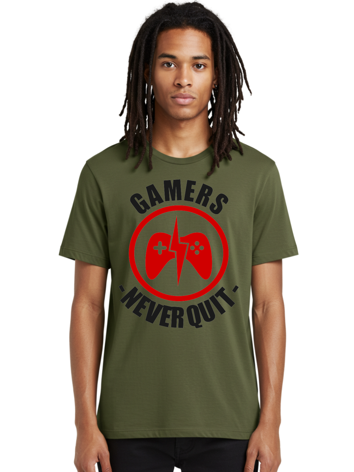 Gamers-Never-Quit Men'S Graphic Tee, 100% Cotton, Comfortable Casual Summer Wear, Machine Washable, Gaming Logo, Red Gamepad Symbol, Bold Typography, Motivational Quote, Never Quit Attitude, Gaming Culture, Gamer Spirit - Aaa638