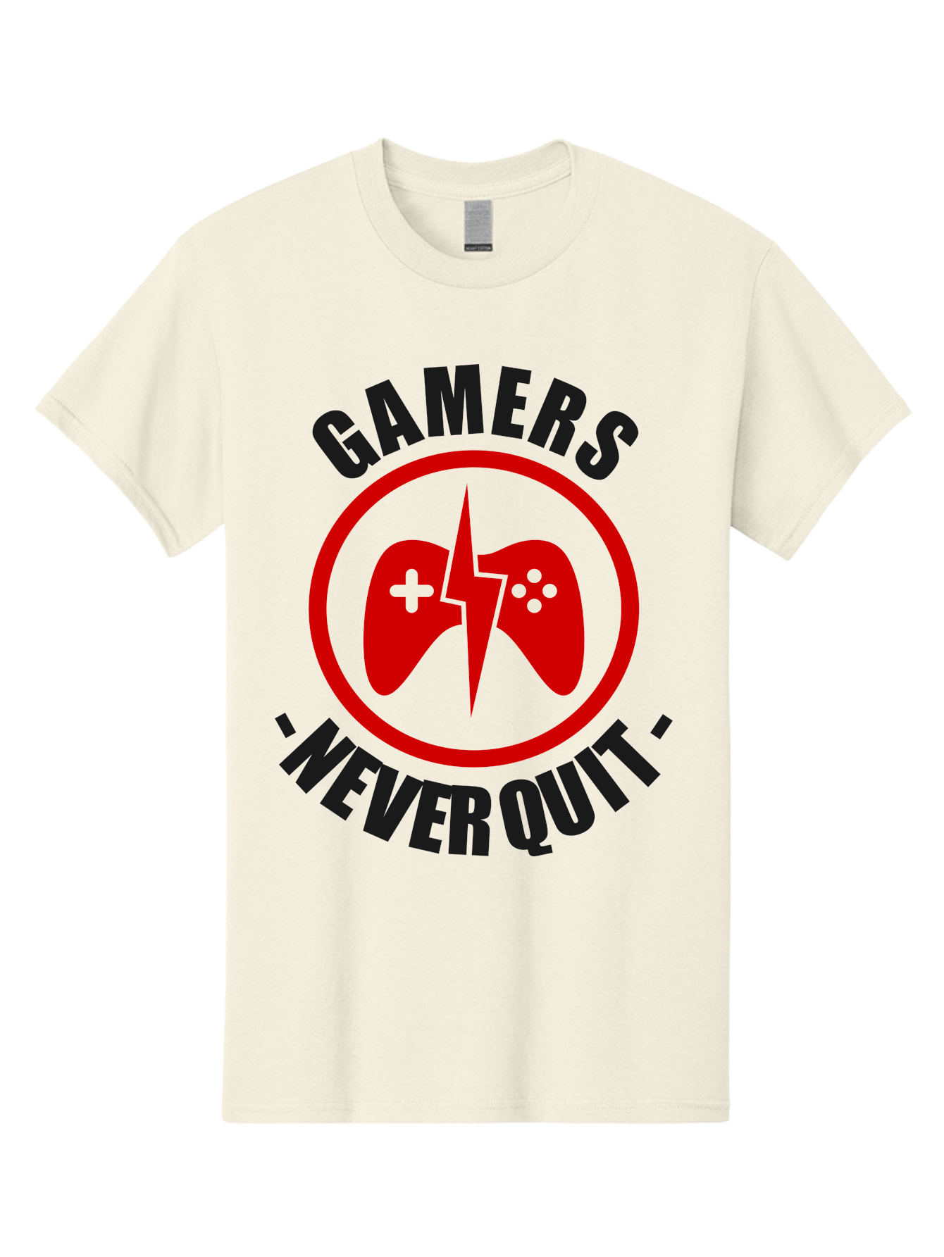 Gamers-Never-Quit Men'S Graphic Tee, 100% Cotton, Comfortable Casual Summer Wear, Machine Washable, Gaming Logo, Red Gamepad Symbol, Bold Typography, Motivational Quote, Never Quit Attitude, Gaming Culture, Gamer Spirit - Aaa638