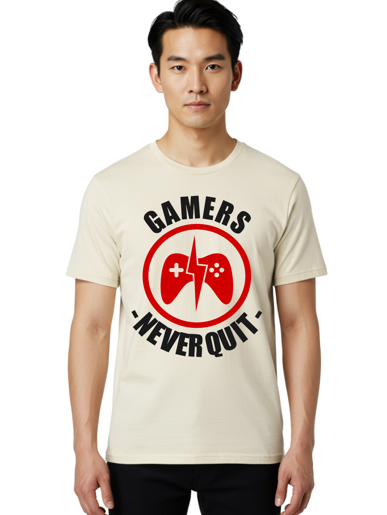 Gamers-Never-Quit Men'S Graphic Tee, 100% Cotton, Comfortable Casual Summer Wear, Machine Washable, Gaming Logo, Red Gamepad Symbol, Bold Typography, Motivational Quote, Never Quit Attitude, Gaming Culture, Gamer Spirit - Aaa638