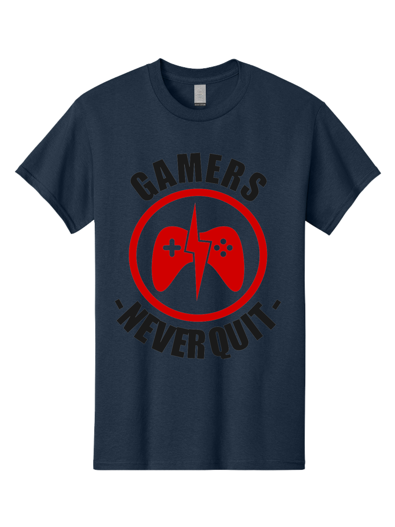 Gamers-Never-Quit Men'S Graphic Tee, 100% Cotton, Comfortable Casual Summer Wear, Machine Washable, Gaming Logo, Red Gamepad Symbol, Bold Typography, Motivational Quote, Never Quit Attitude, Gaming Culture, Gamer Spirit - Aaa638