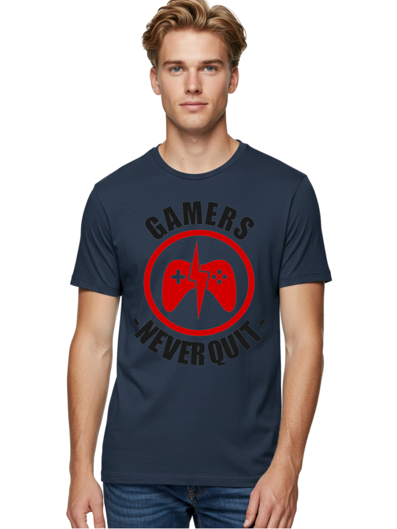 Gamers-Never-Quit Men'S Graphic Tee, 100% Cotton, Comfortable Casual Summer Wear, Machine Washable, Gaming Logo, Red Gamepad Symbol, Bold Typography, Motivational Quote, Never Quit Attitude, Gaming Culture, Gamer Spirit - Aaa638