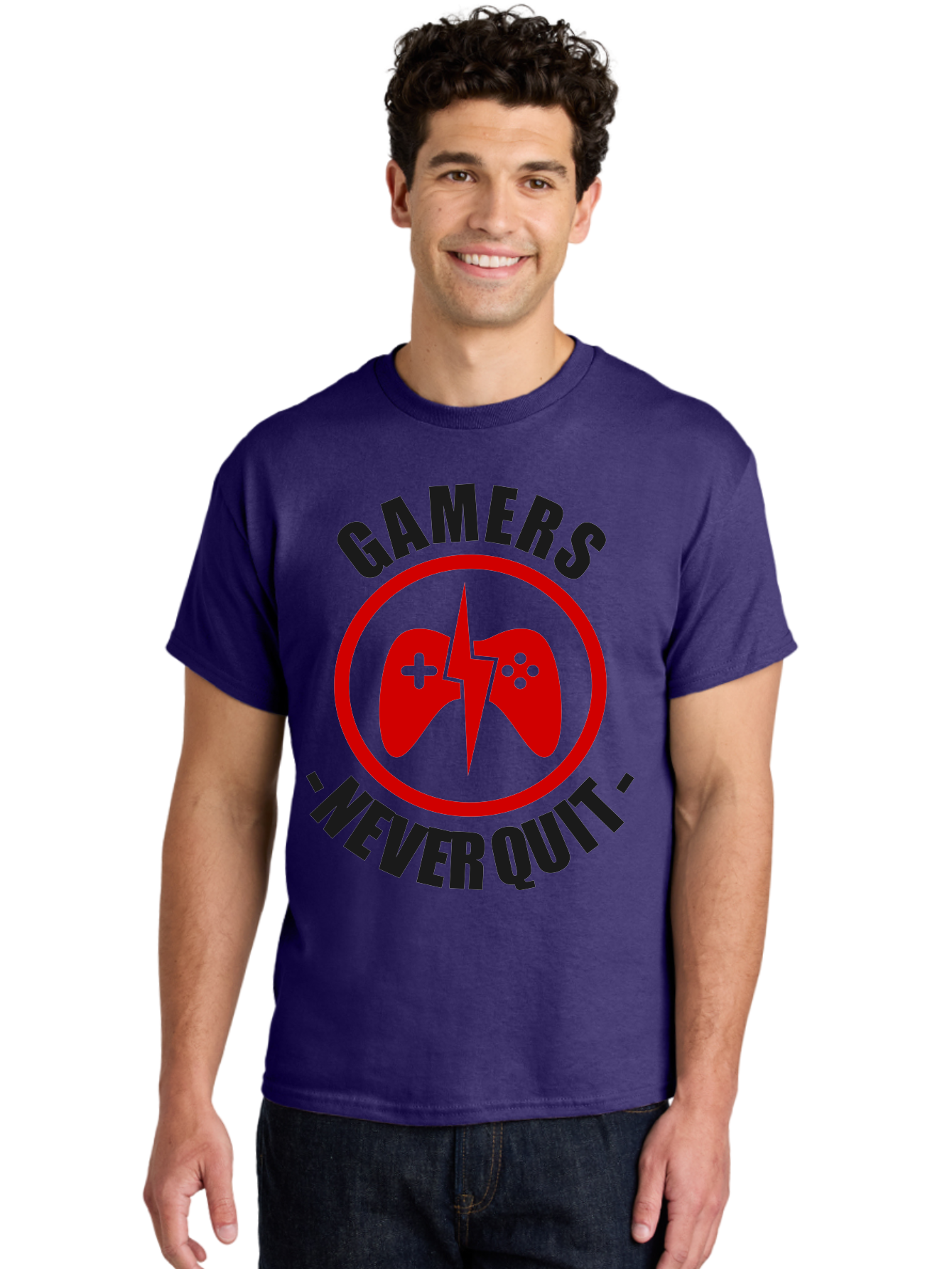 Gamers-Never-Quit Men'S Graphic Tee, 100% Cotton, Comfortable Casual Summer Wear, Machine Washable, Gaming Logo, Red Gamepad Symbol, Bold Typography, Motivational Quote, Never Quit Attitude, Gaming Culture, Gamer Spirit - Aaa638