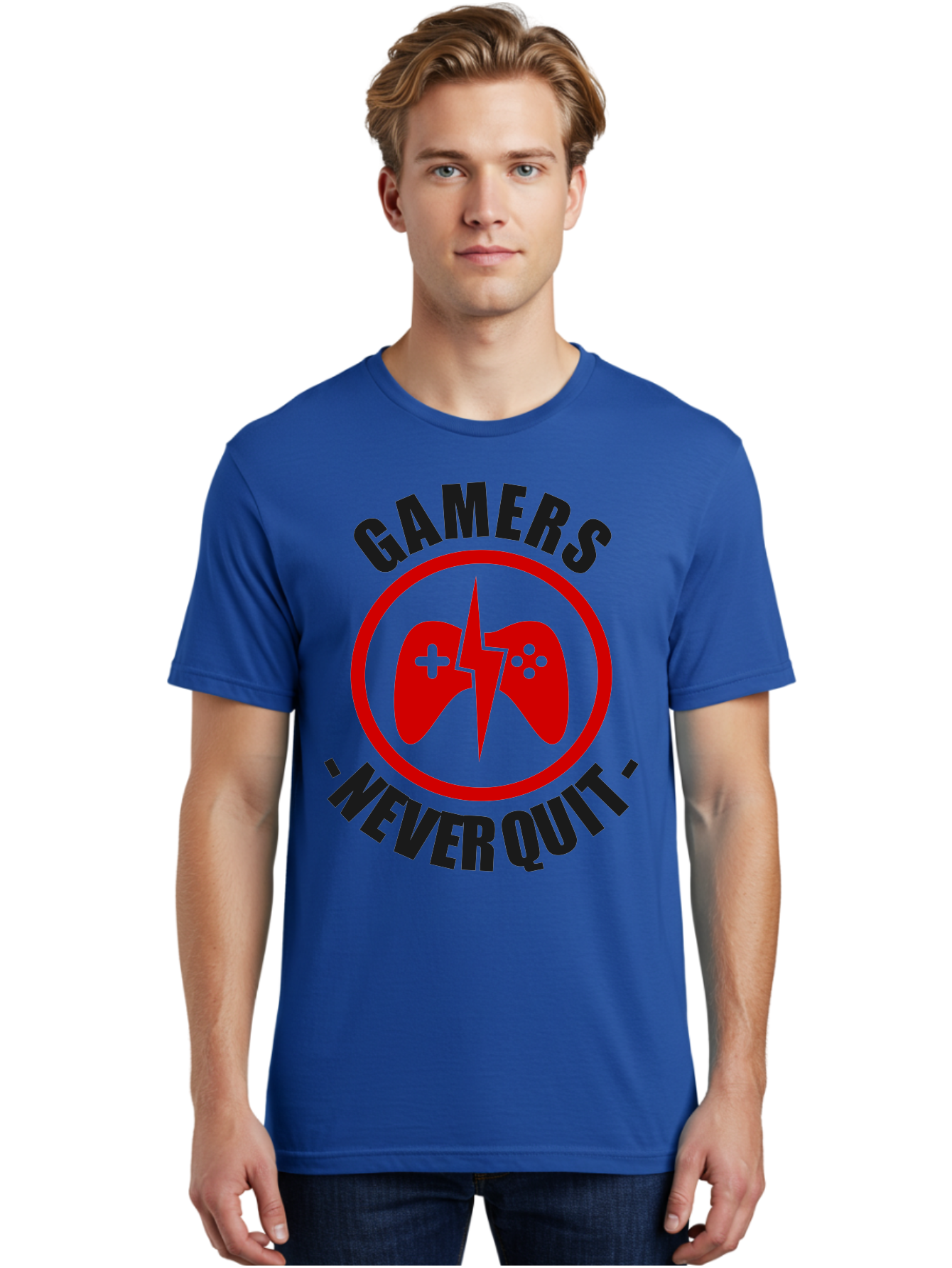 Gamers-Never-Quit Men'S Graphic Tee, 100% Cotton, Comfortable Casual Summer Wear, Machine Washable, Gaming Logo, Red Gamepad Symbol, Bold Typography, Motivational Quote, Never Quit Attitude, Gaming Culture, Gamer Spirit - Aaa638