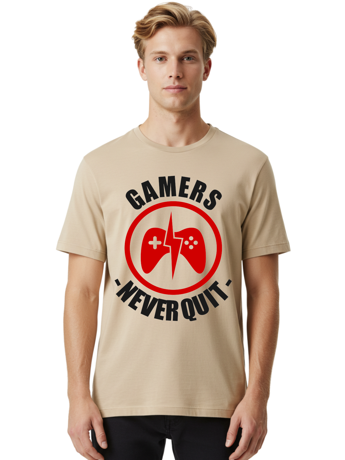 Gamers-Never-Quit Men'S Graphic Tee, 100% Cotton, Comfortable Casual Summer Wear, Machine Washable, Gaming Logo, Red Gamepad Symbol, Bold Typography, Motivational Quote, Never Quit Attitude, Gaming Culture, Gamer Spirit - Aaa638