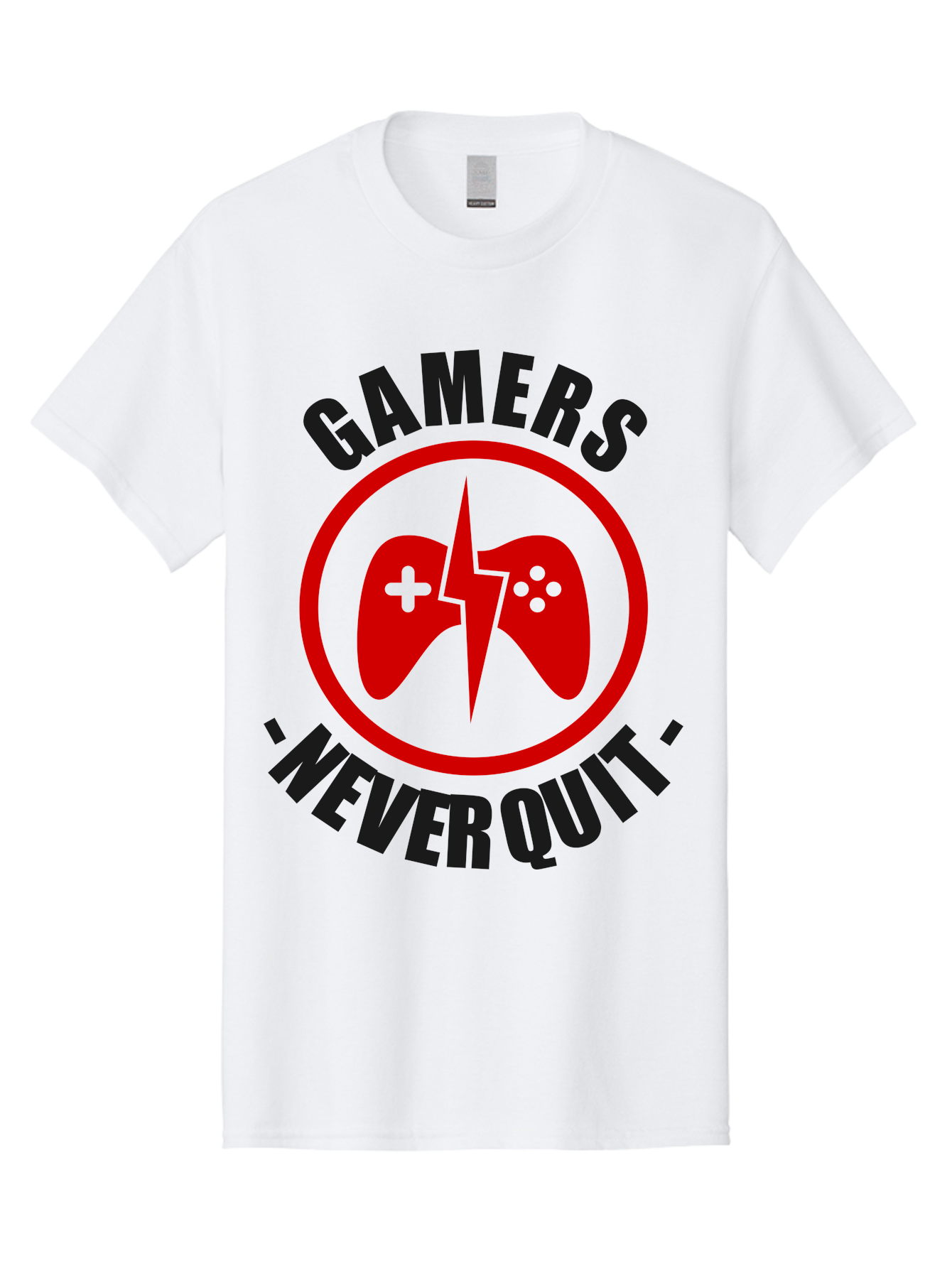 Gamers-Never-Quit Men'S Graphic Tee, 100% Cotton, Comfortable Casual Summer Wear, Machine Washable, Gaming Logo, Red Gamepad Symbol, Bold Typography, Motivational Quote, Never Quit Attitude, Gaming Culture, Gamer Spirit - Aaa638