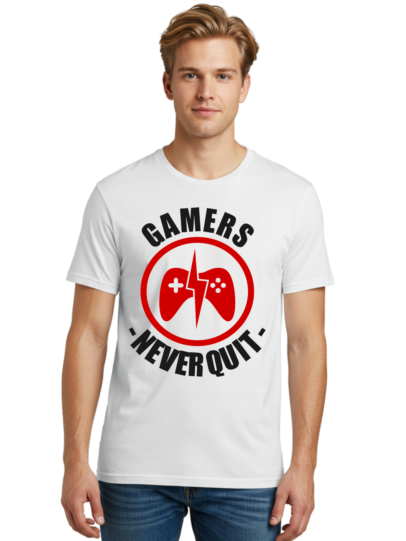 Gamers-Never-Quit Men'S Graphic Tee, 100% Cotton, Comfortable Casual Summer Wear, Machine Washable, Gaming Logo, Red Gamepad Symbol, Bold Typography, Motivational Quote, Never Quit Attitude, Gaming Culture, Gamer Spirit - Aaa638