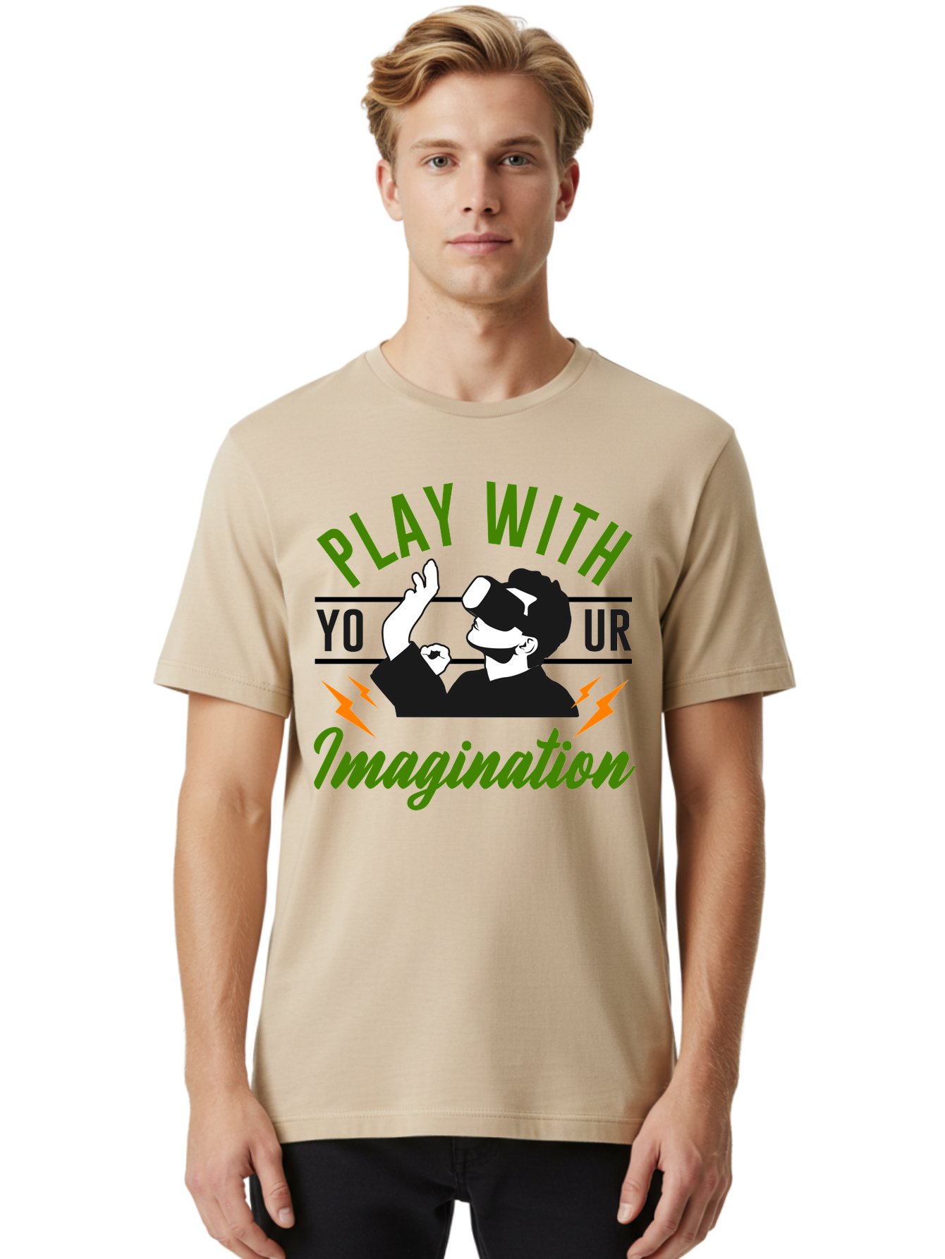 Play-With-Your-Imagination Men'S Graphic Tee, 100% Cotton, Comfortable Casual Summer Wear, Machine Washable, Virtual Reality Experience, Gaming Technology, Futuristic Entertainment, Immersive World, Creative Freedom, Innovative Design, - Aaa656
