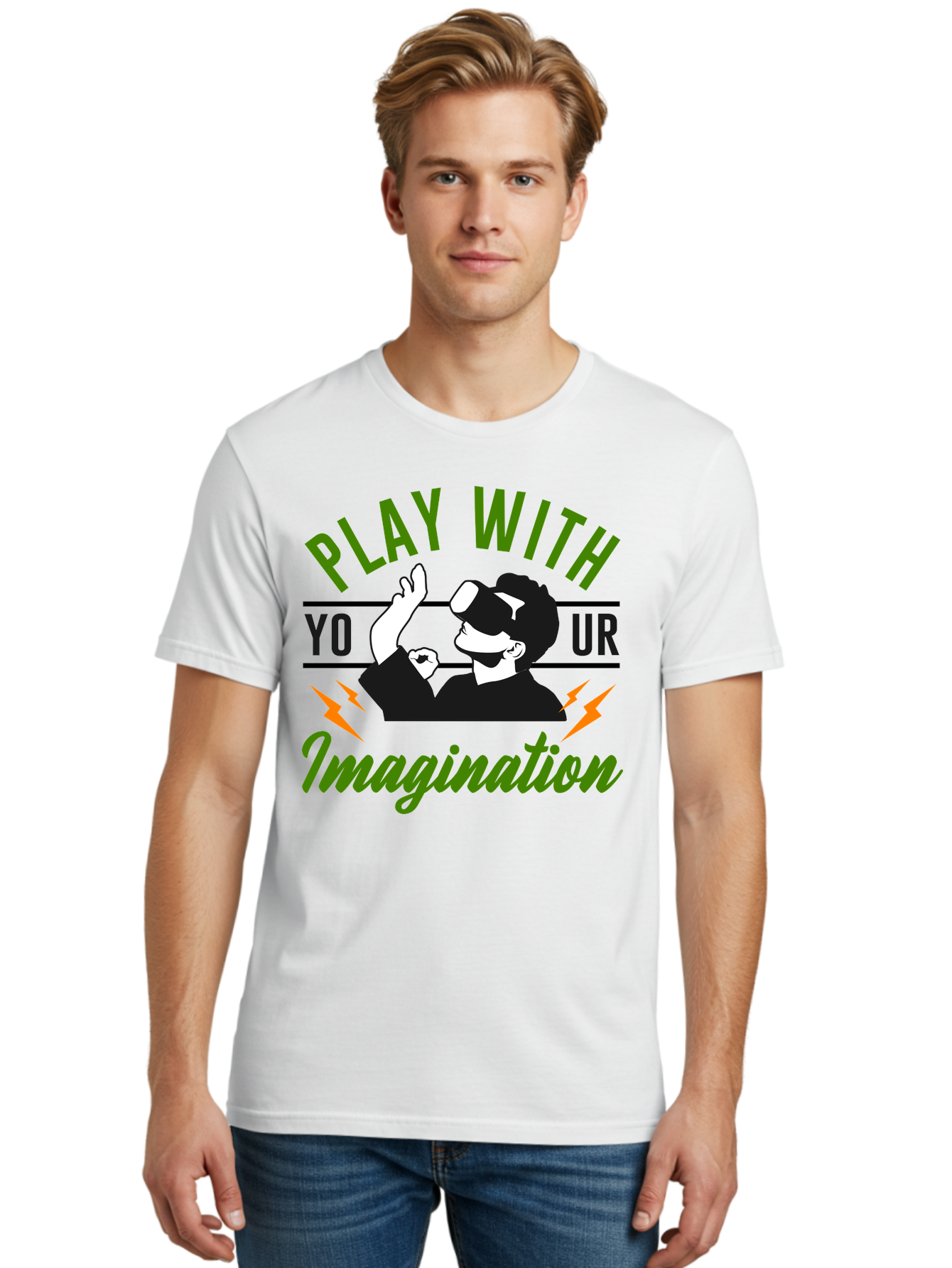 Play-With-Your-Imagination Men'S Graphic Tee, 100% Cotton, Comfortable Casual Summer Wear, Machine Washable, Virtual Reality Experience, Gaming Technology, Futuristic Entertainment, Immersive World, Creative Freedom, Innovative Design, - Aaa656