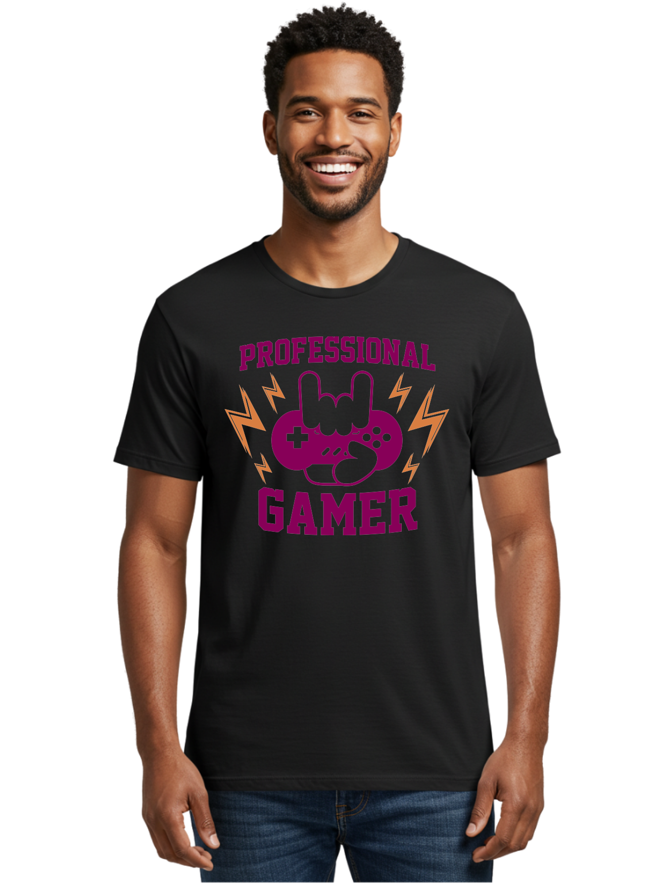 Professional-Gamer Men'S Graphic Tee, 100% Cotton, Comfortable Casual Summer Wear, Machine Washable, Professional Gamer, Gaming Logo, Video Game Controller, Rock On Hand Sign, Esports Branding, Gaming Culture, Purple And Green Graphics, - Aaa658