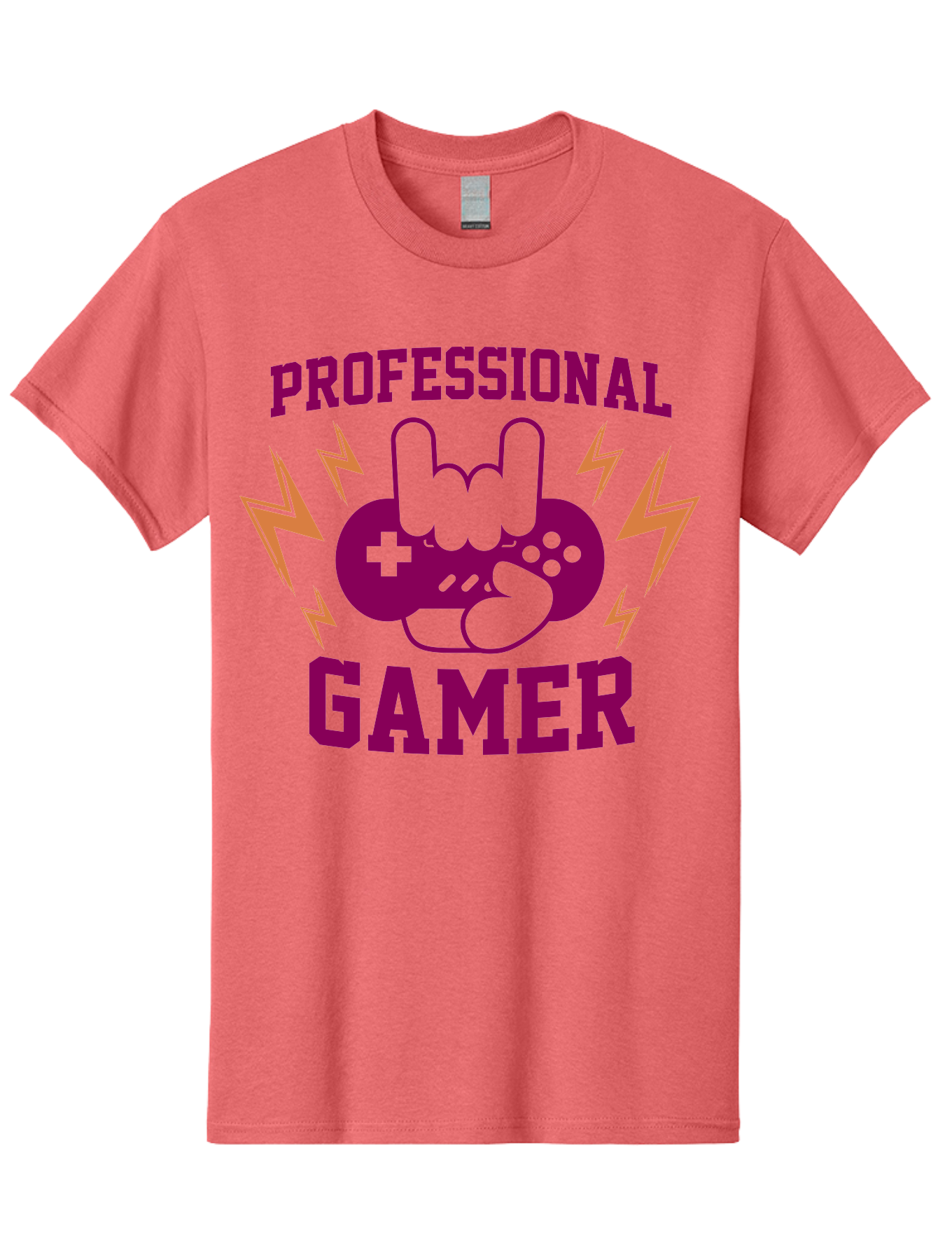Professional-Gamer Men'S Graphic Tee, 100% Cotton, Comfortable Casual Summer Wear, Machine Washable, Professional Gamer, Gaming Logo, Video Game Controller, Rock On Hand Sign, Esports Branding, Gaming Culture, Purple And Green Graphics, - Aaa658