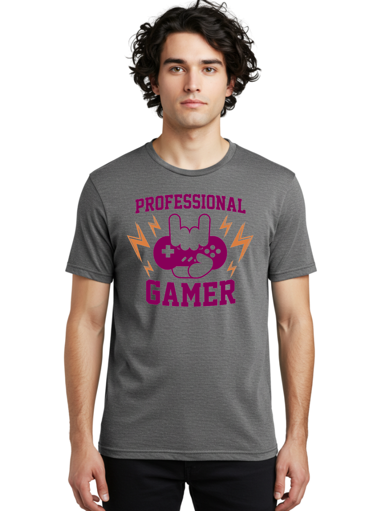 Professional-Gamer Men'S Graphic Tee, 100% Cotton, Comfortable Casual Summer Wear, Machine Washable, Professional Gamer, Gaming Logo, Video Game Controller, Rock On Hand Sign, Esports Branding, Gaming Culture, Purple And Green Graphics, - Aaa658