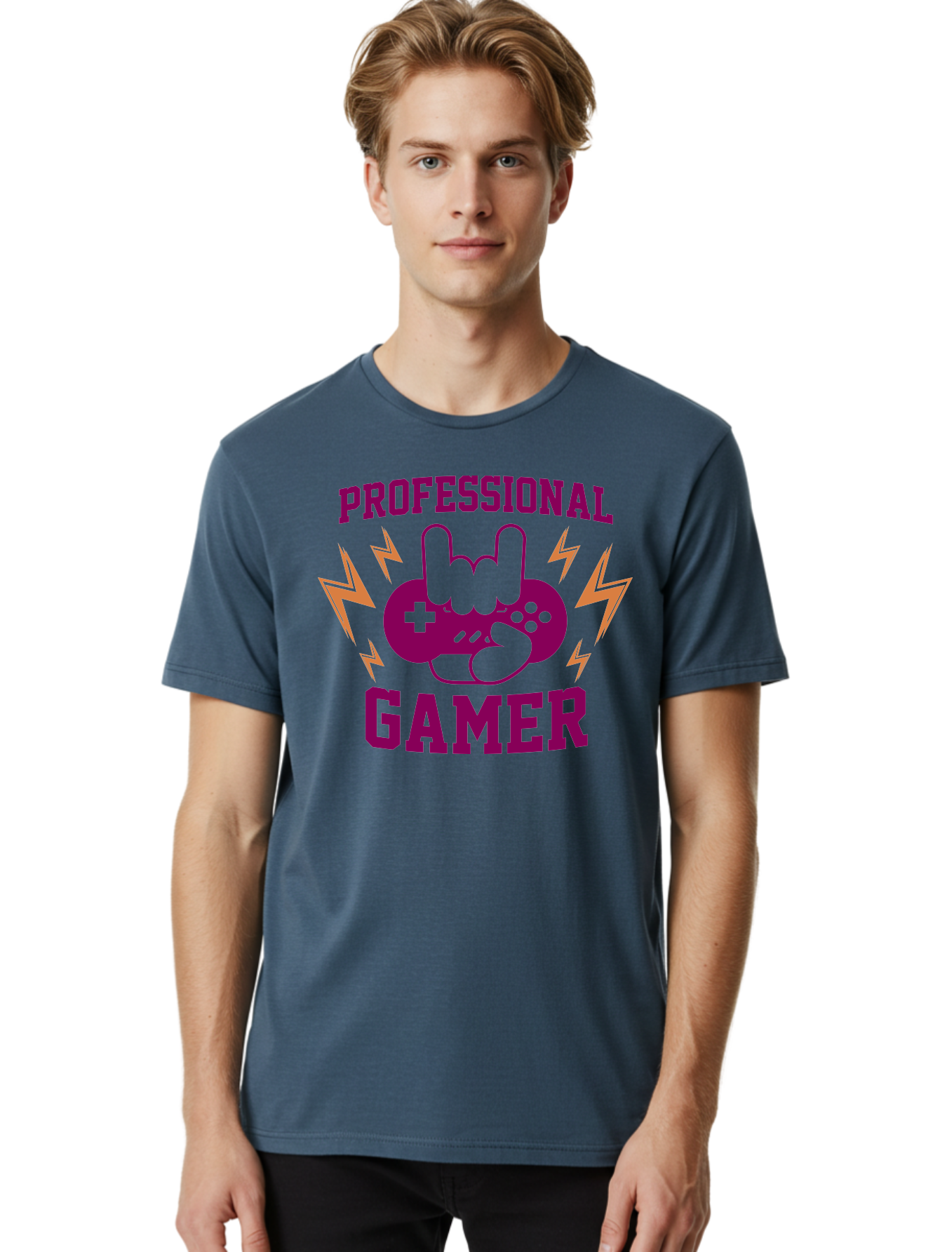 Professional-Gamer Men'S Graphic Tee, 100% Cotton, Comfortable Casual Summer Wear, Machine Washable, Professional Gamer, Gaming Logo, Video Game Controller, Rock On Hand Sign, Esports Branding, Gaming Culture, Purple And Green Graphics, - Aaa658