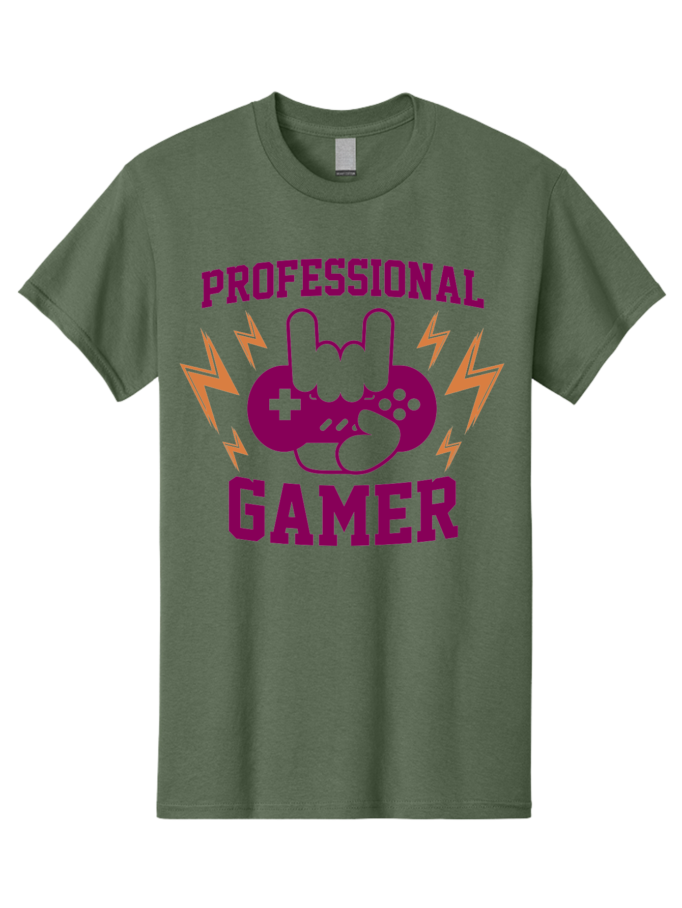 Professional-Gamer Men'S Graphic Tee, 100% Cotton, Comfortable Casual Summer Wear, Machine Washable, Professional Gamer, Gaming Logo, Video Game Controller, Rock On Hand Sign, Esports Branding, Gaming Culture, Purple And Green Graphics, - Aaa658