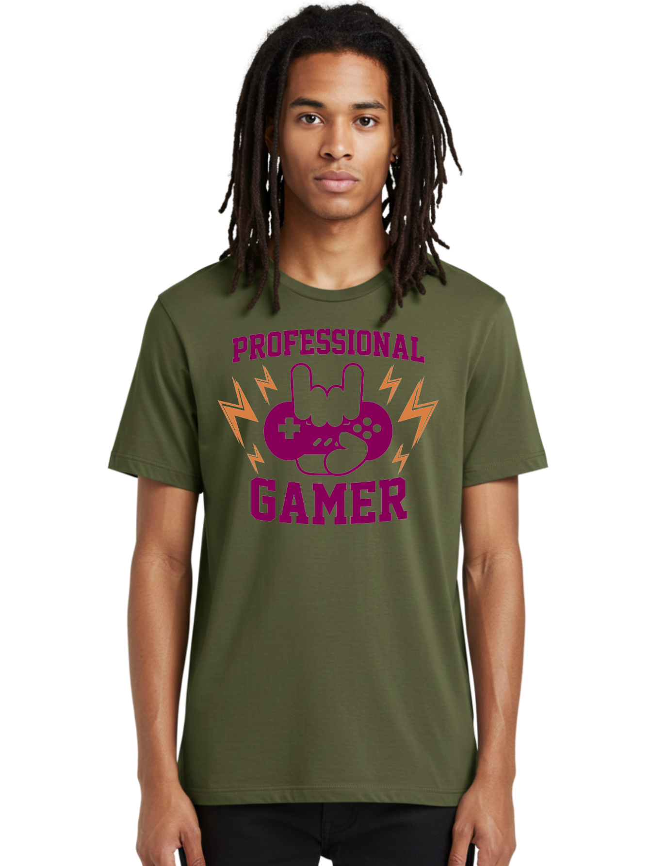 Professional-Gamer Men'S Graphic Tee, 100% Cotton, Comfortable Casual Summer Wear, Machine Washable, Professional Gamer, Gaming Logo, Video Game Controller, Rock On Hand Sign, Esports Branding, Gaming Culture, Purple And Green Graphics, - Aaa658